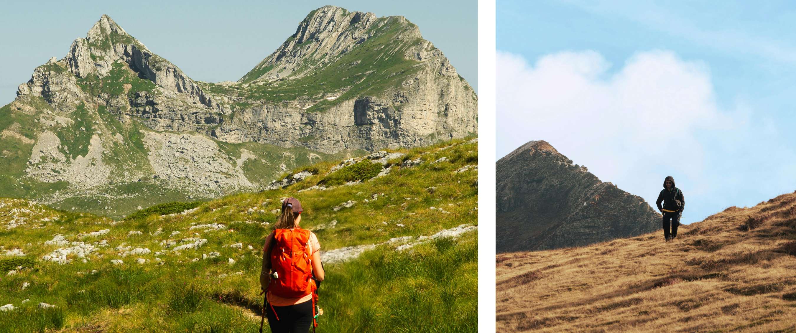 Deux images : randonneur avec sac à dos dans un paysage montagneux verdoyant avec sommets rocheux ; randonneur seul sur une colline sèche avec montagne en arrière-plan.
