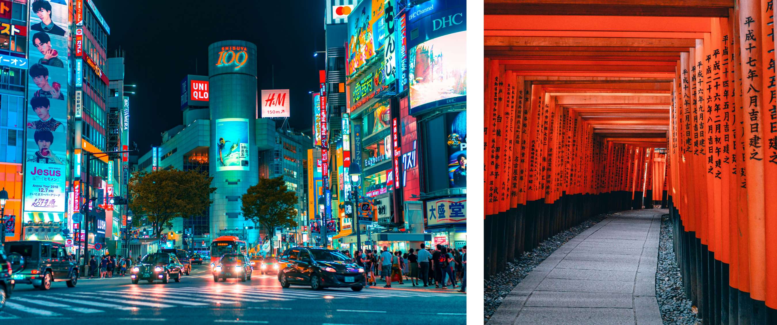 Deux images : place urbaine animée à Tokyo avec enseignes lumineuses et circulation nocturne ; allée couverte avec portiques torii rouges dans un complexe de temples.