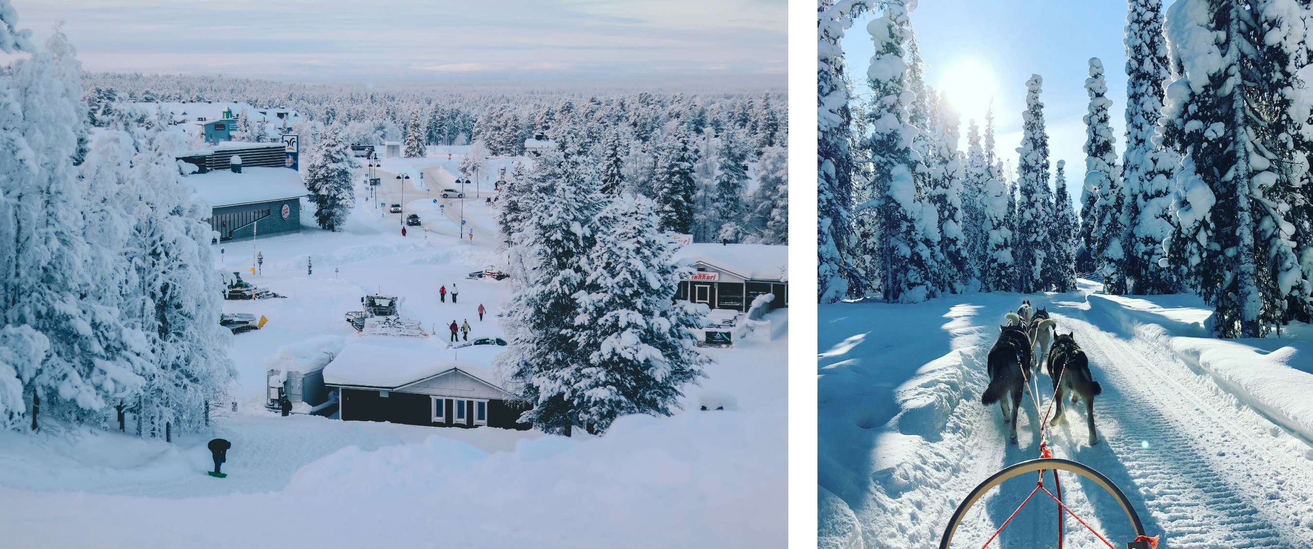 Deux images : paysage d’hiver avec bâtiments et activités dans une forêt de conifères enneigée ; excursion en traîneau à chiens dans une forêt sous un soleil bas.