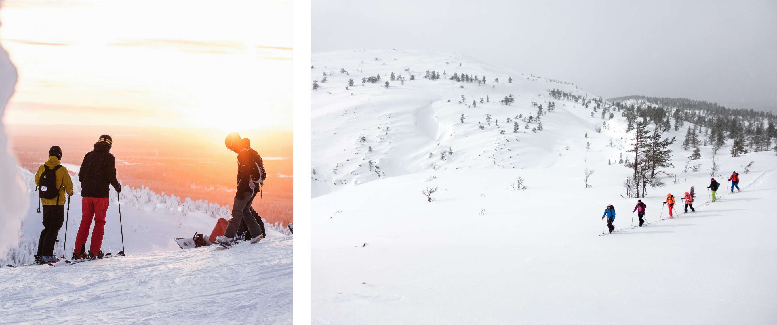 Deux images : skieurs sur un sommet enneigé au coucher du soleil ; groupe de skieurs avançant dans un vaste paysage blanc.