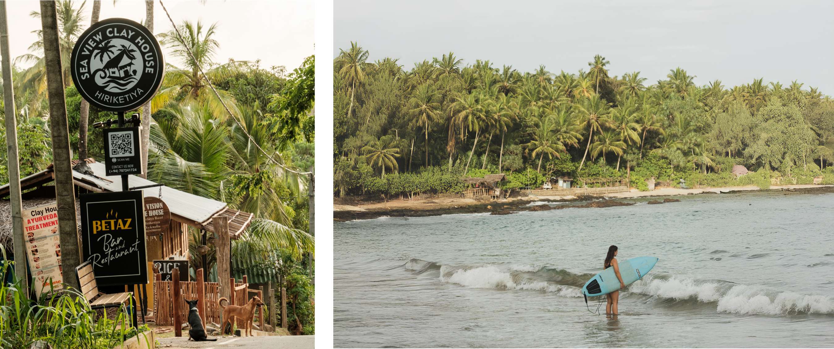 Deux images : panneaux pour Sea View Clay House et BETAZ Bar and Restaurant ; surfeuse avec planche dans la mer