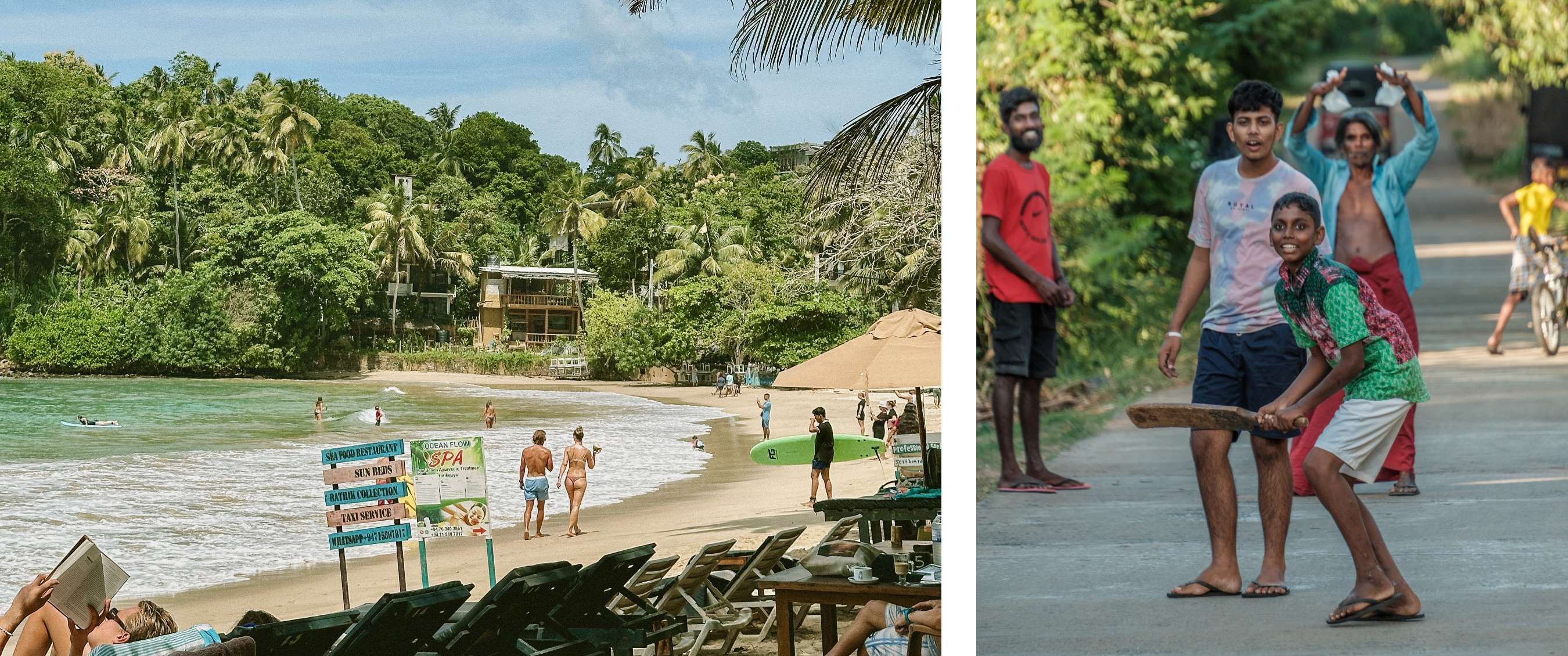 Deux images : scène de plage avec sièges et personnes au bord de la mer ; groupe d’enfants dans la rue avec une batte de cricket