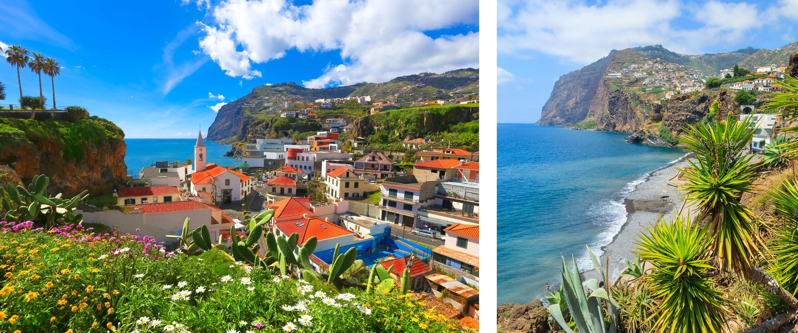 Deux images : un village en pente avec maisons blanches dominant l’océan ; une plage de galets sombres au pied de falaises abruptes.