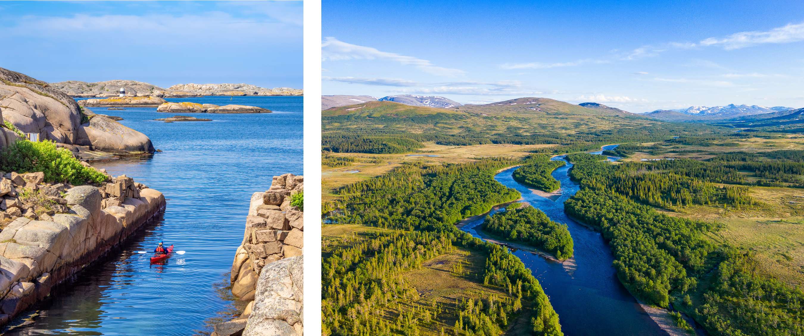 Deux images : un kayakiste pagayant entre des rochers arrondis le long d’une côte bleue ; un vaste paysage fluvial serpentant entre des vallées verdoyantes.