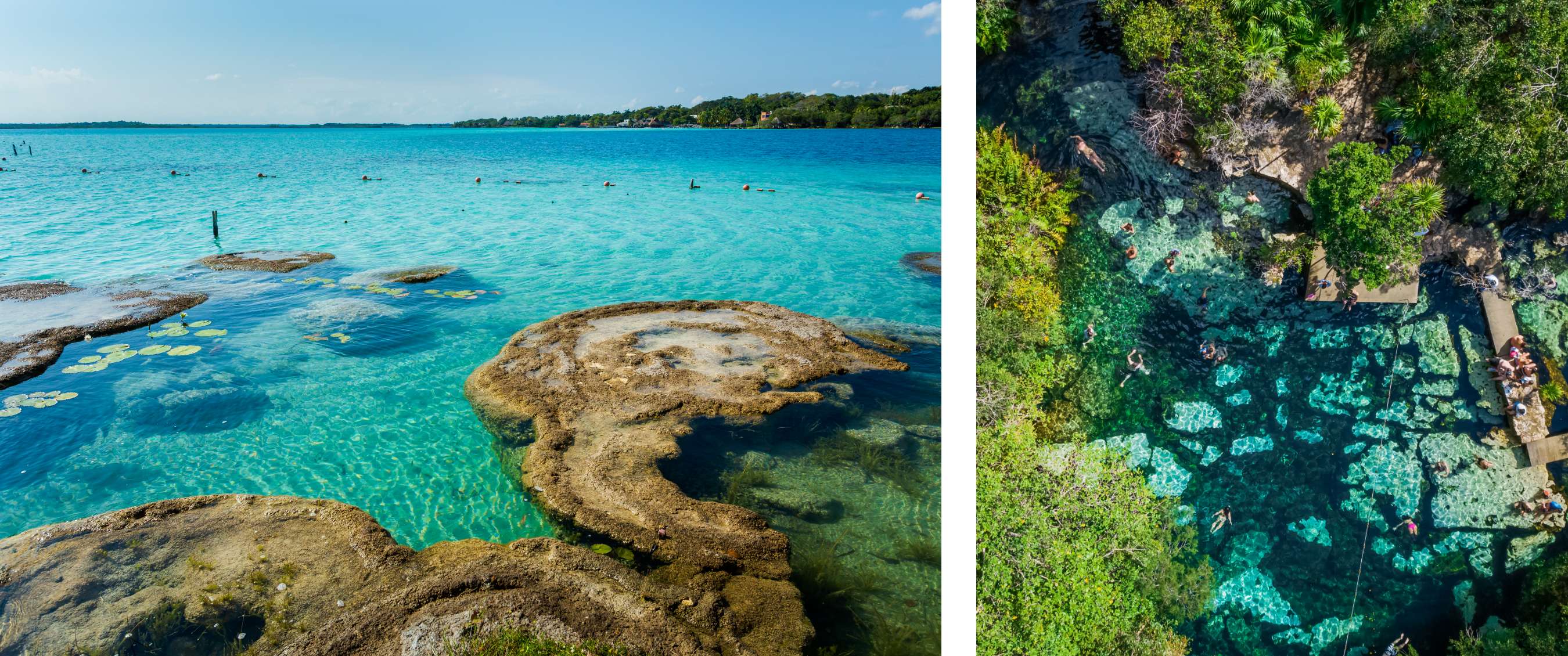 Deux images : lagune turquoise avec formations rocheuses peu profondes et nageurs ; cenote vue d’en haut avec eau claire et plateformes occupées.