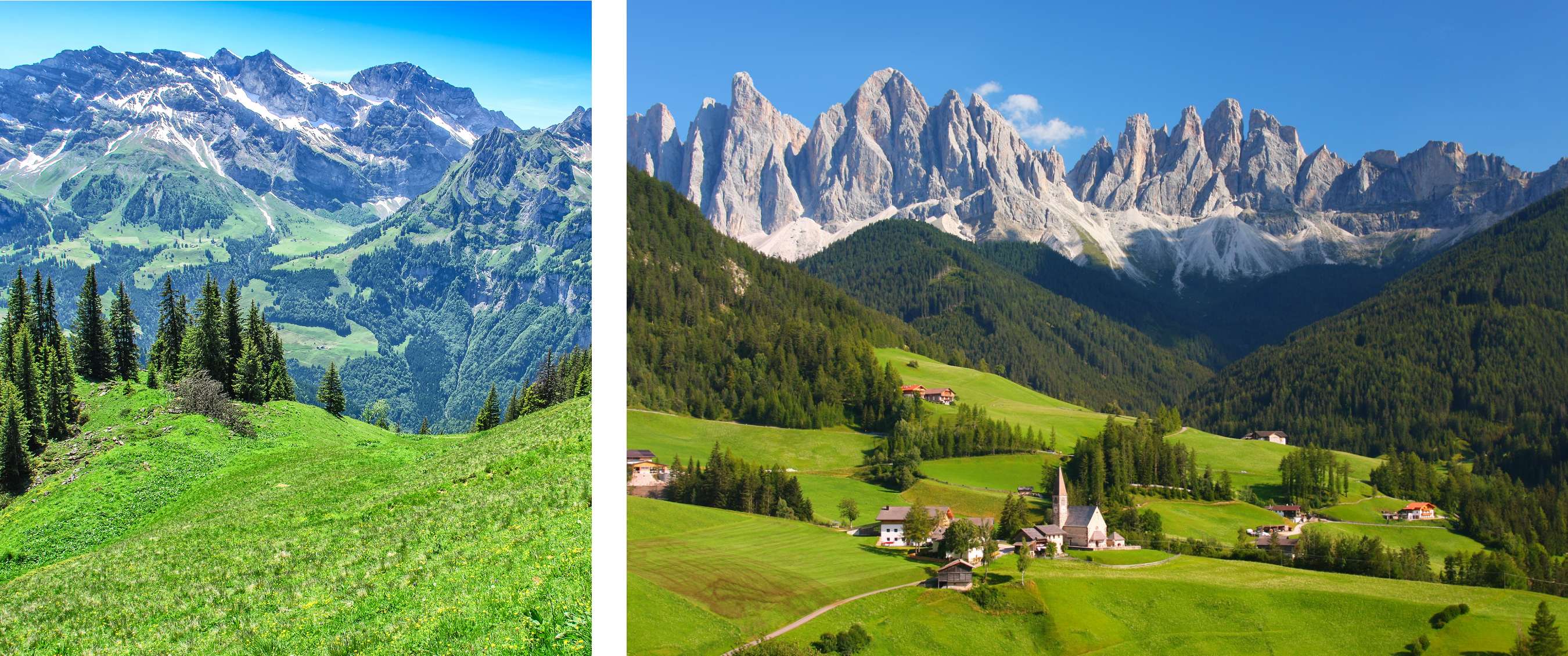 Deux images : prairies alpines verdoyantes avec conifères et sommets escarpés ; une vallée avec fermes et église sous les pics abrupts des Dolomites.