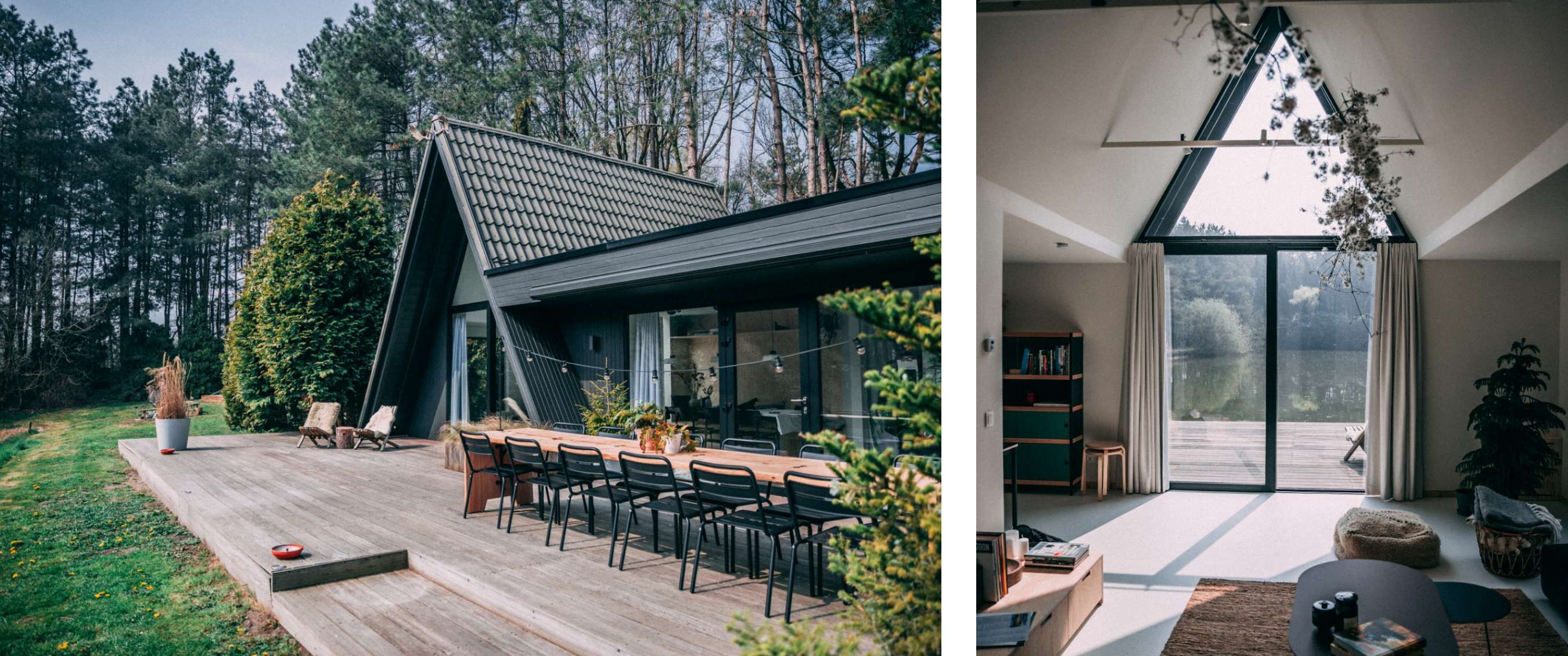 Deux images : maison de vacances moderne avec terrasse en bois en forêt ; intérieur avec grandes fenêtres et vue sur l’eau.