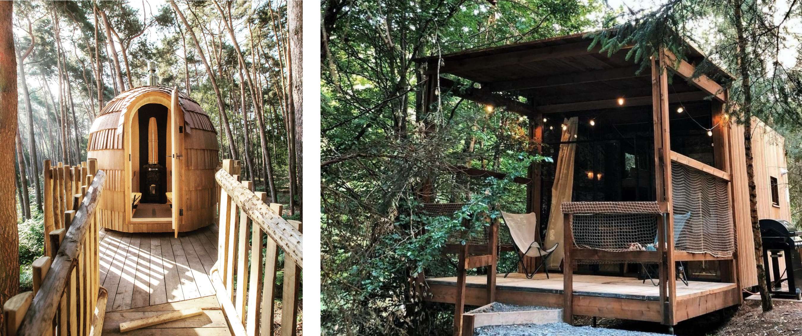 Deux images : espace sauna rond en bois accessible par une passerelle en forêt ; petit logement nature avec coin salon sous un auvent.