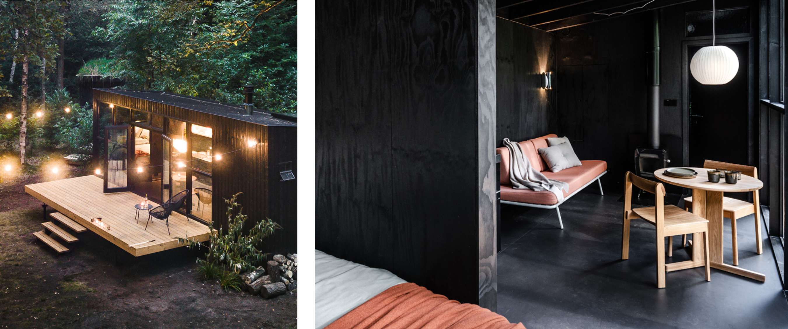 Deux images : maison nature moderne avec terrasse et éclairage extérieur parmi les arbres ; intérieur minimaliste avec table et banquette.