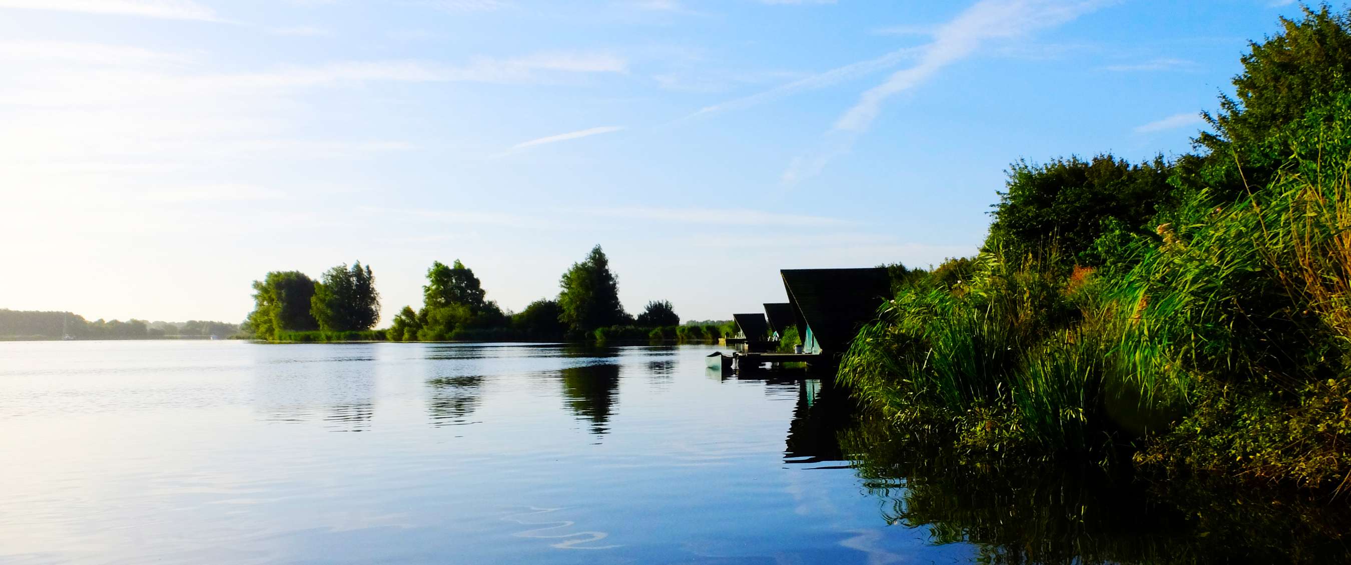 Lac calme avec rives verdoyantes et roseaux, et maisons de vacances modernes au bord de l’eau.
