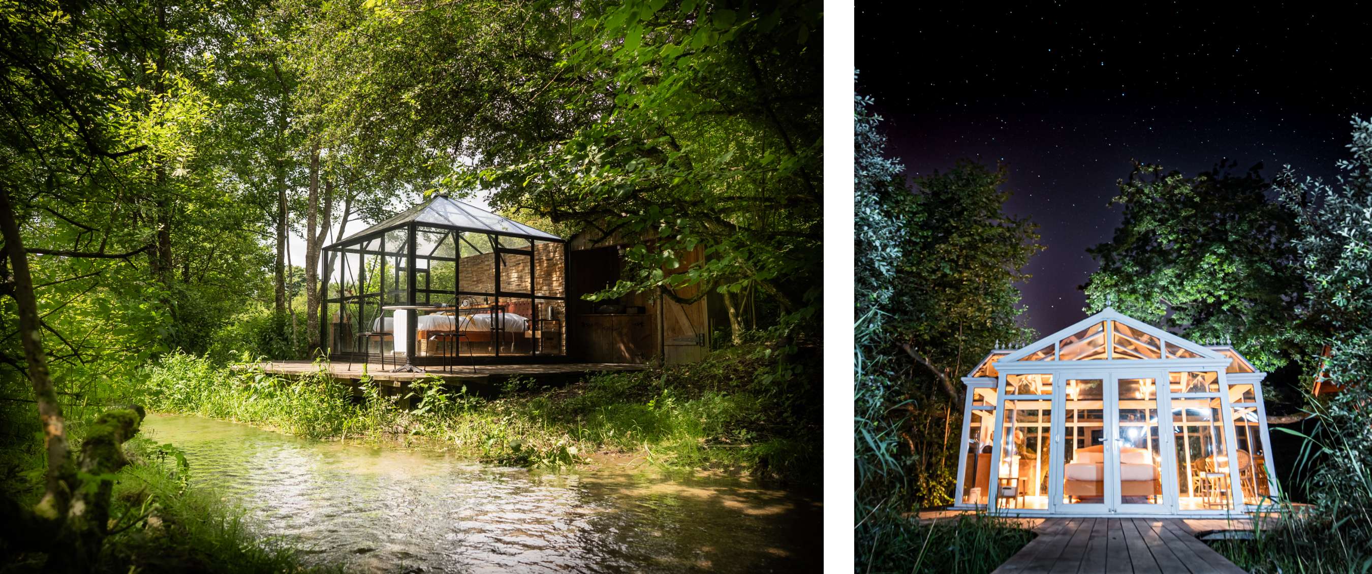 Deux images : maison de vacances transparente avec lit près de l’eau dans un cadre verdoyant ; lodge vitrée illuminée la nuit.