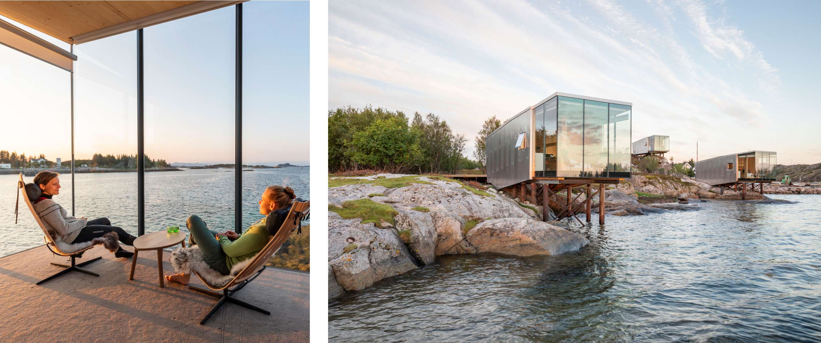 Deux images : personnes assises dans des fauteuils derrière une façade vitrée avec vue sur la mer ; maisons de vacances vitrées sur pilotis le long d’une côte rocheuse.
