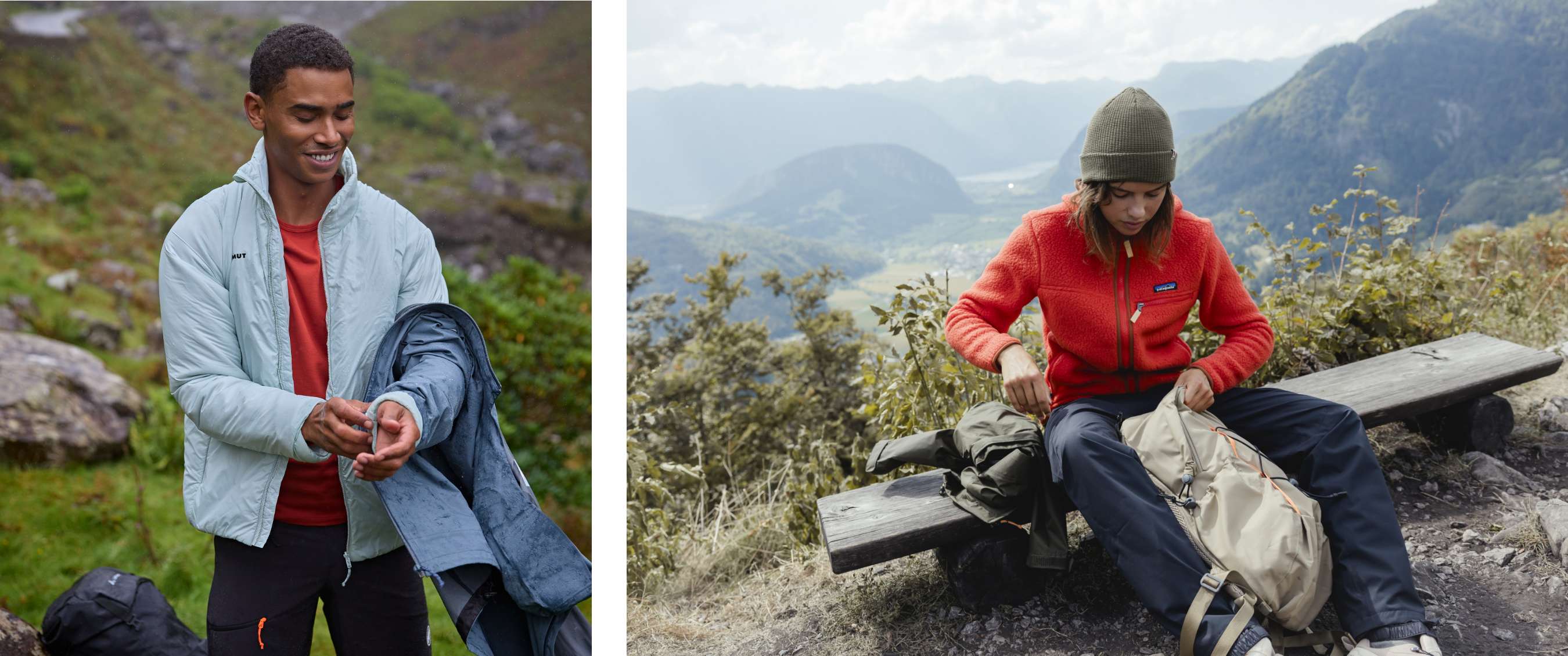 Deux images : Randonneur portant une veste dans un environnement montagneux verdoyant ; personne en pause sur un banc sortant du matériel d’un sac à dos.