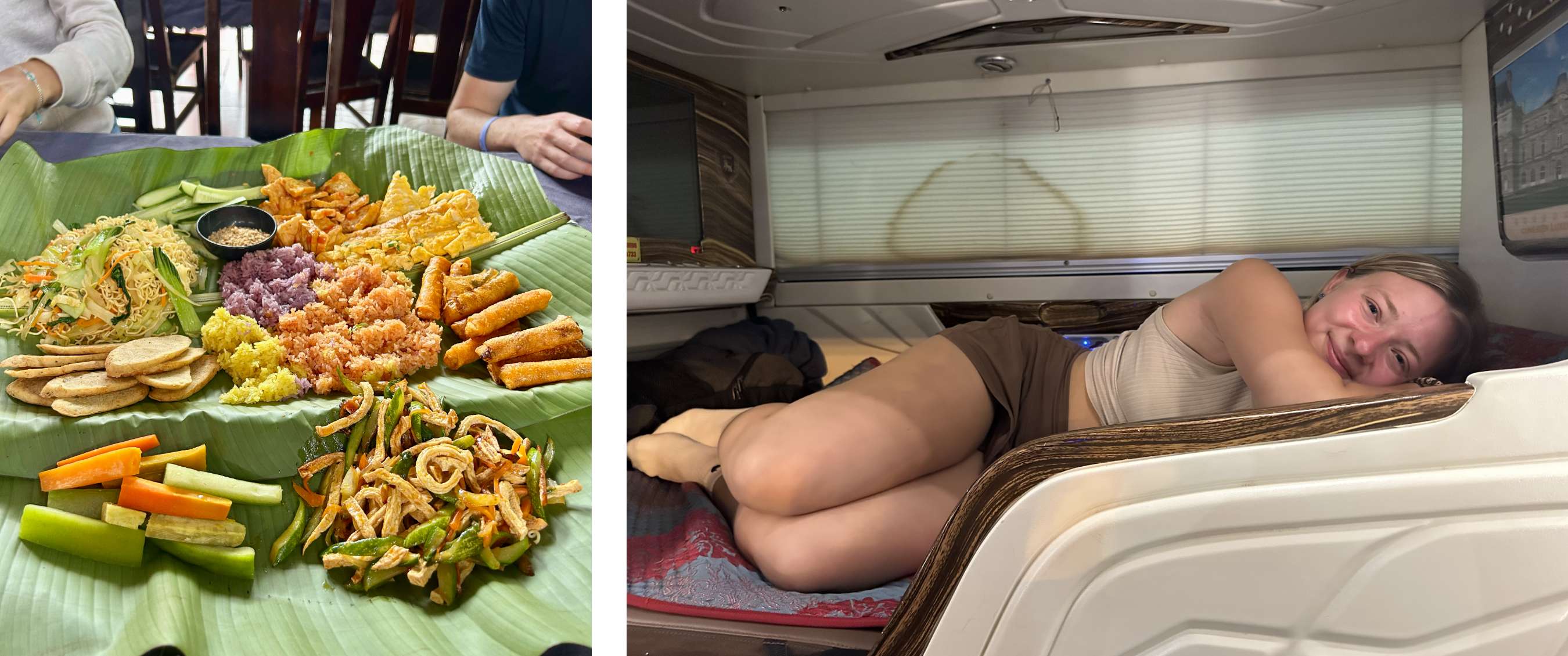 Deux images : repas partagé sur feuille de bananier et personne allongée dans un lit de train