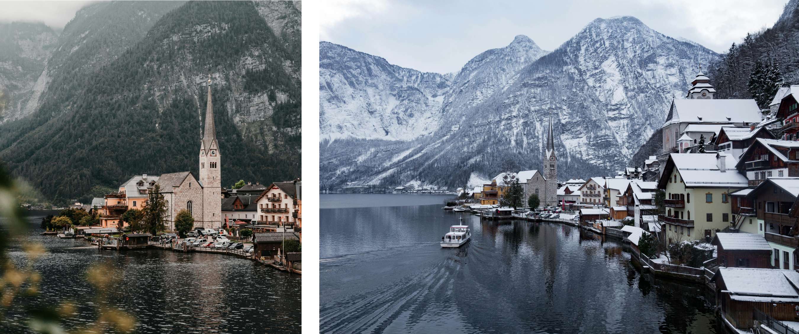 photo gauche <Vue sur un village au bord d’un lac de montagne avec un clocher et des maisons entourés de montagnes verdoyantes.> photo droite <Le même village de montagne en hiver, avec des toits enneigés et un bateau naviguant sur le lac calme.>