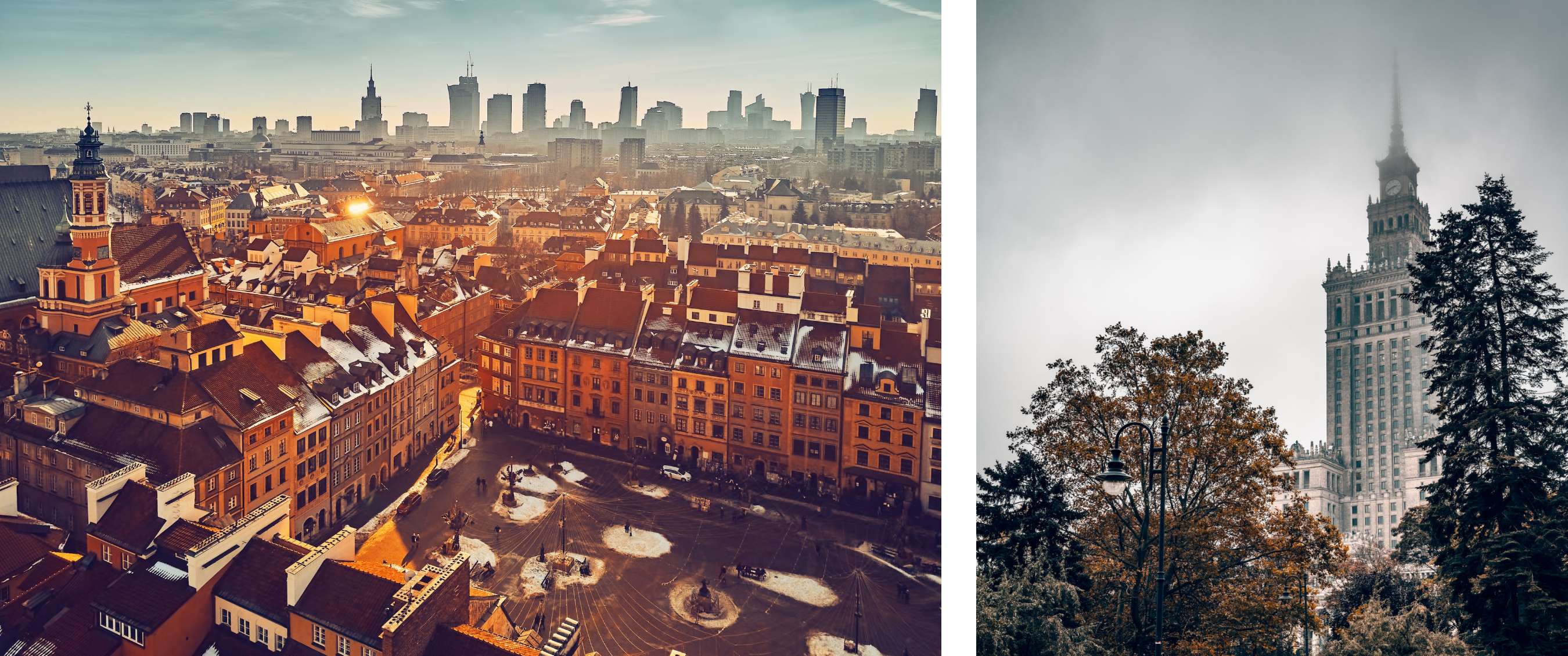 photo gauche <Vue sur la vieille ville aux toits colorés avec des gratte-ciel modernes en arrière-plan sous une douce lumière hivernale.> photo droite <Haute tour surmontée d’une horloge et d’une flèche émergeant des arbres et de la brume dans une ville enveloppée de brouillard.>