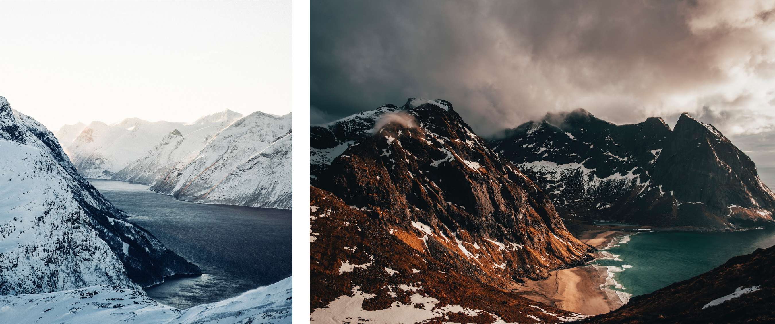 photo gauche <Montagnes enneigées entourant un fjord étroit sous une lumière douce à l’horizon.> photo droite <Pentes montagneuses abruptes avec des traces de neige descendant vers une baie turquoise sous un ciel nuageux et sombre.>