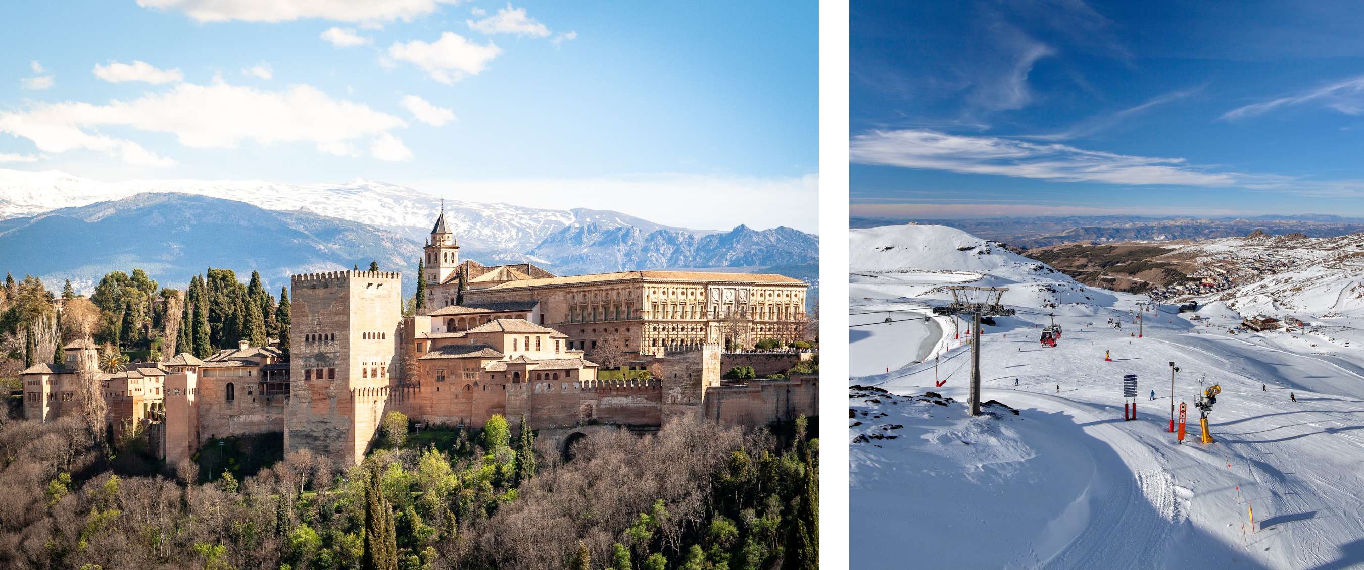 photo gauche <Vue sur l’Alhambra à Grenade avec les sommets enneigés de la Sierra Nevada en arrière-plan.> photo droite <Pistes de ski de la Sierra Nevada avec télésièges et skieurs sous un ciel bleu éclatant.>