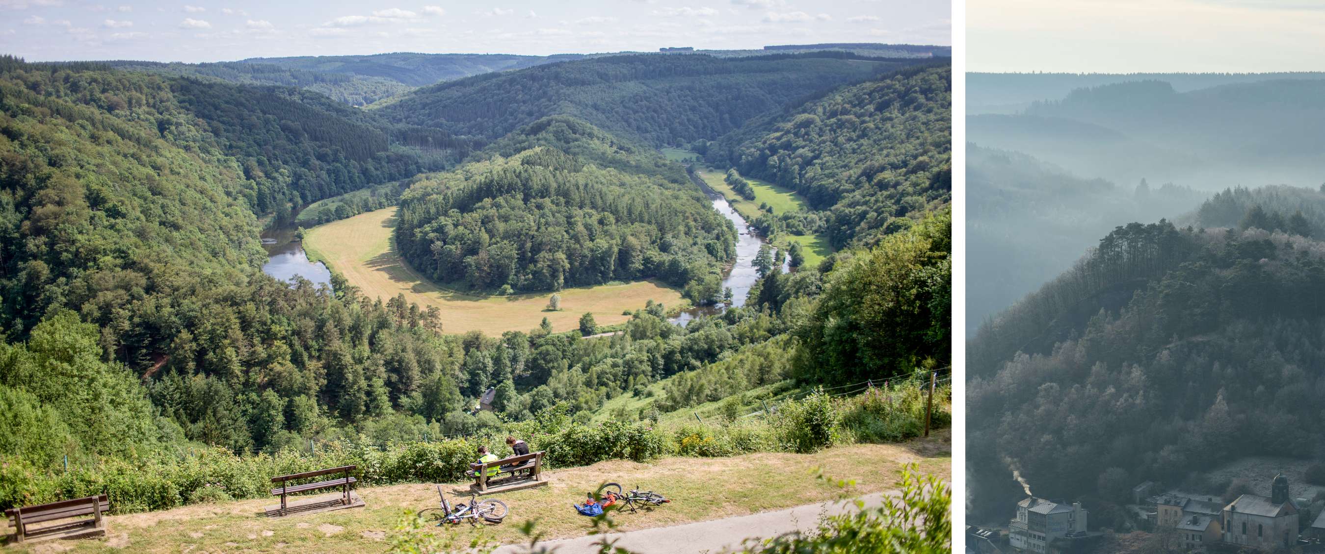 Deux images : paysage de vallée verte avec bancs et vue brumeuse sur des collines boisées.