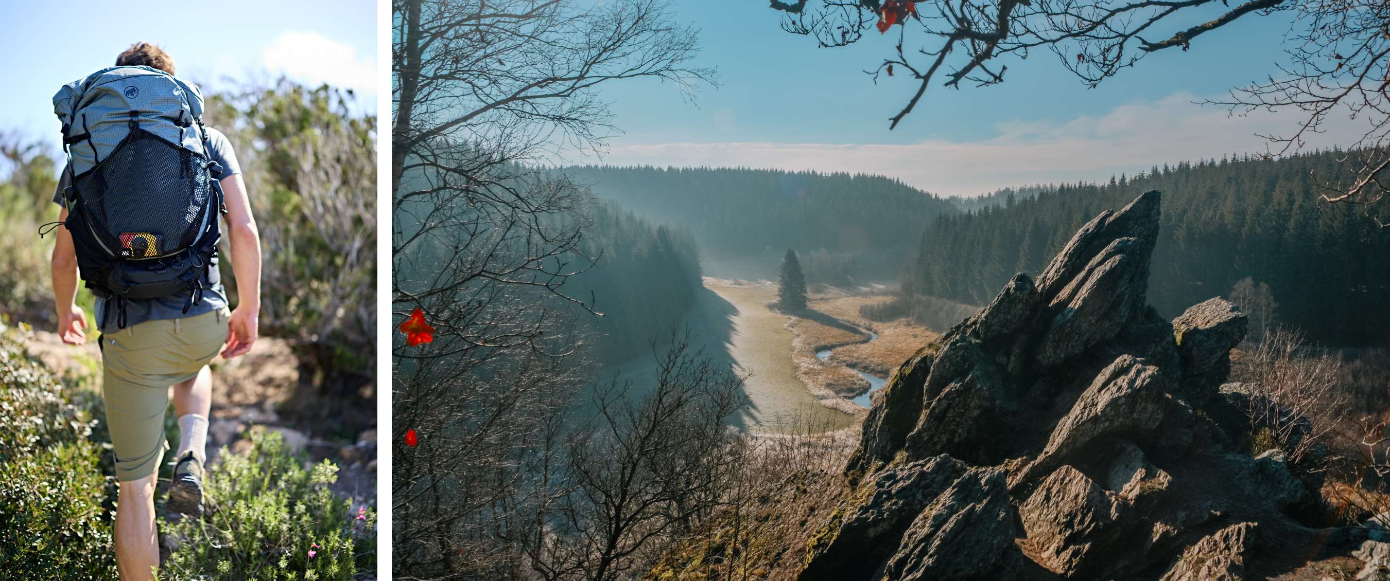 Deux images : randonneur avec sac à dos sur sentier rocheux et vue sur vallée avec ruisseau sinueux.