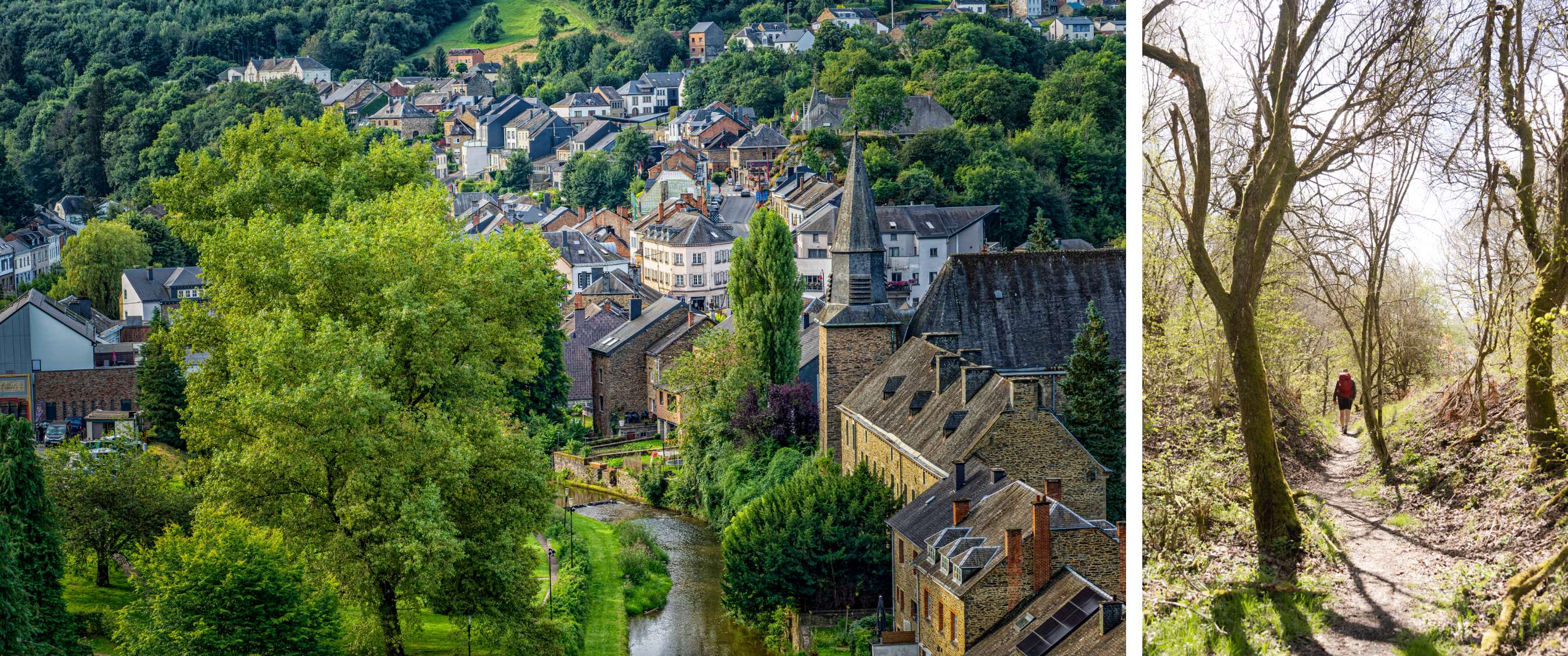 Deux images : village avec rivière et église, et randonneur avec sac rouge en forêt.