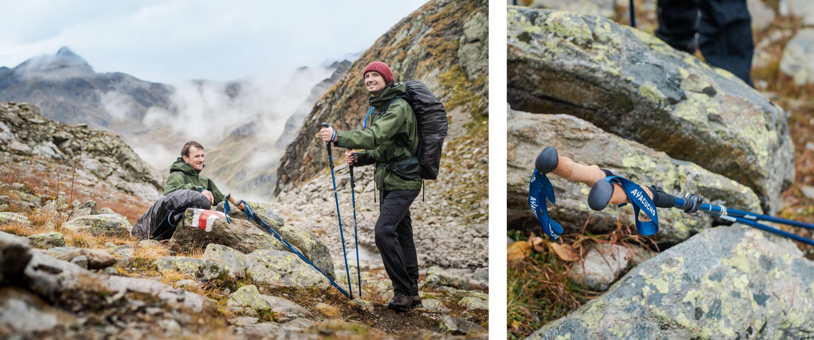 Deux images : Deux randonneurs avec sacs à dos et bâtons de marche sur un sentier rocheux, à droite un gros plan de poignées de bâtons sur un rocher.