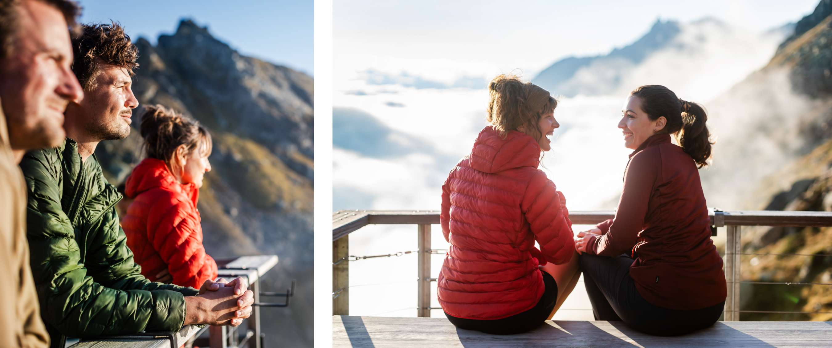 Deux images : un groupe observe un paysage montagneux depuis un point de vue ; deux femmes assises sur une terrasse avec vue sur les montagnes et les nuages.