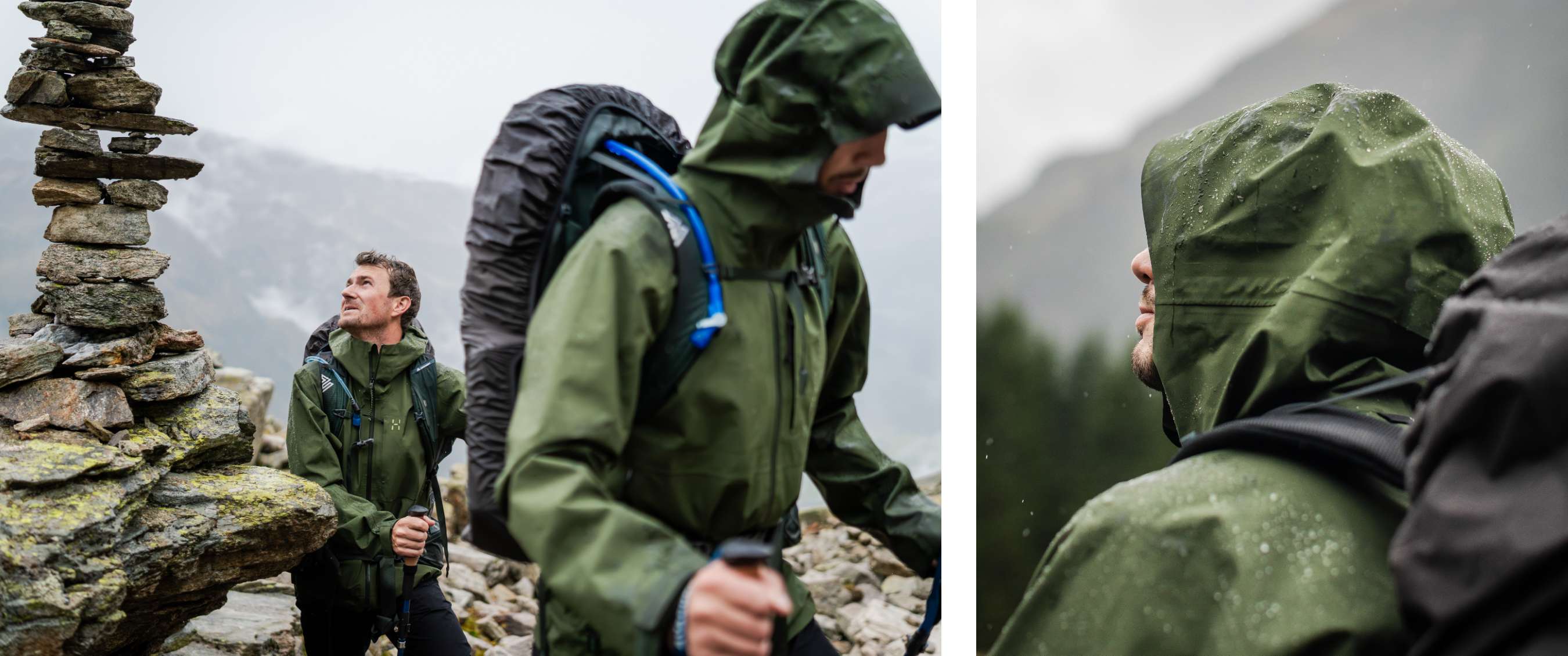 Deux randonneurs avec sacs à dos marchent en terrain montagneux rocheux par temps humide.