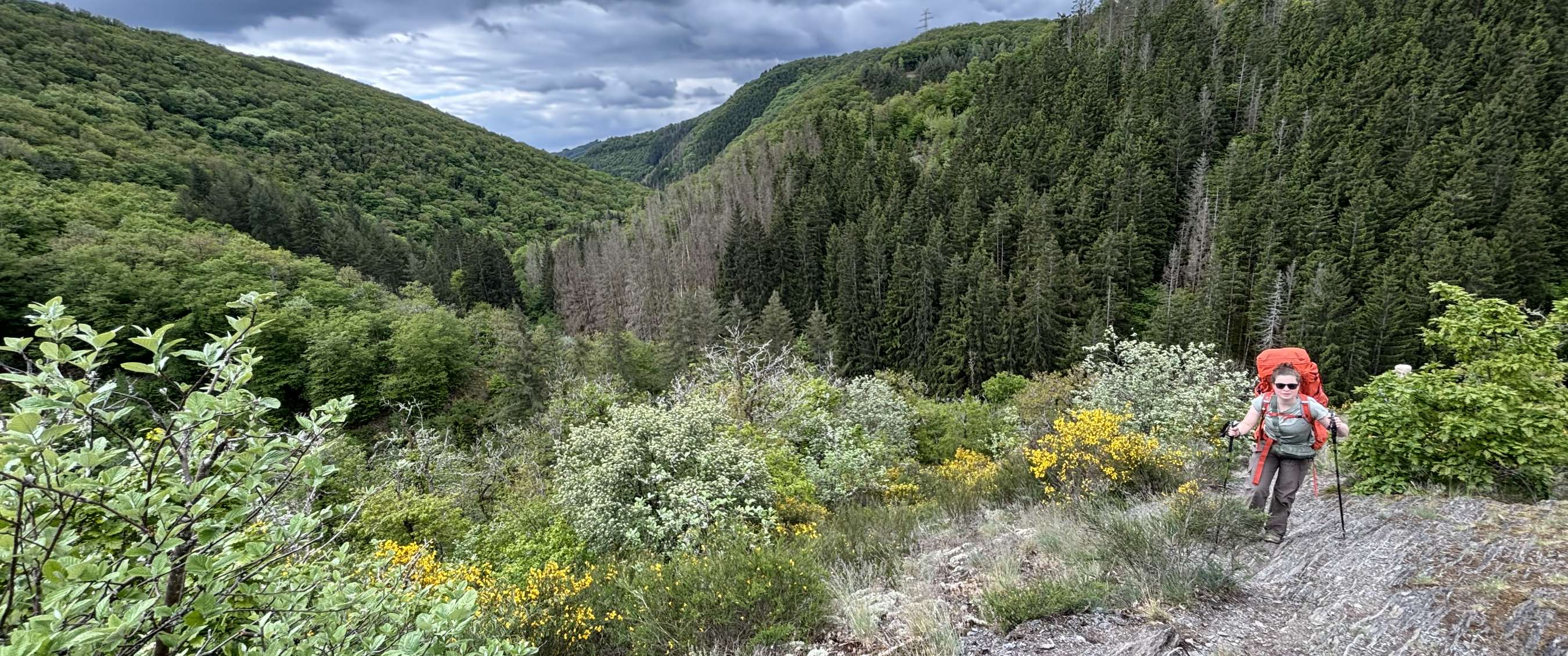 Randonneuse avec sac rouge sur un sentier rocheux au-dessus d’une vallée boisée