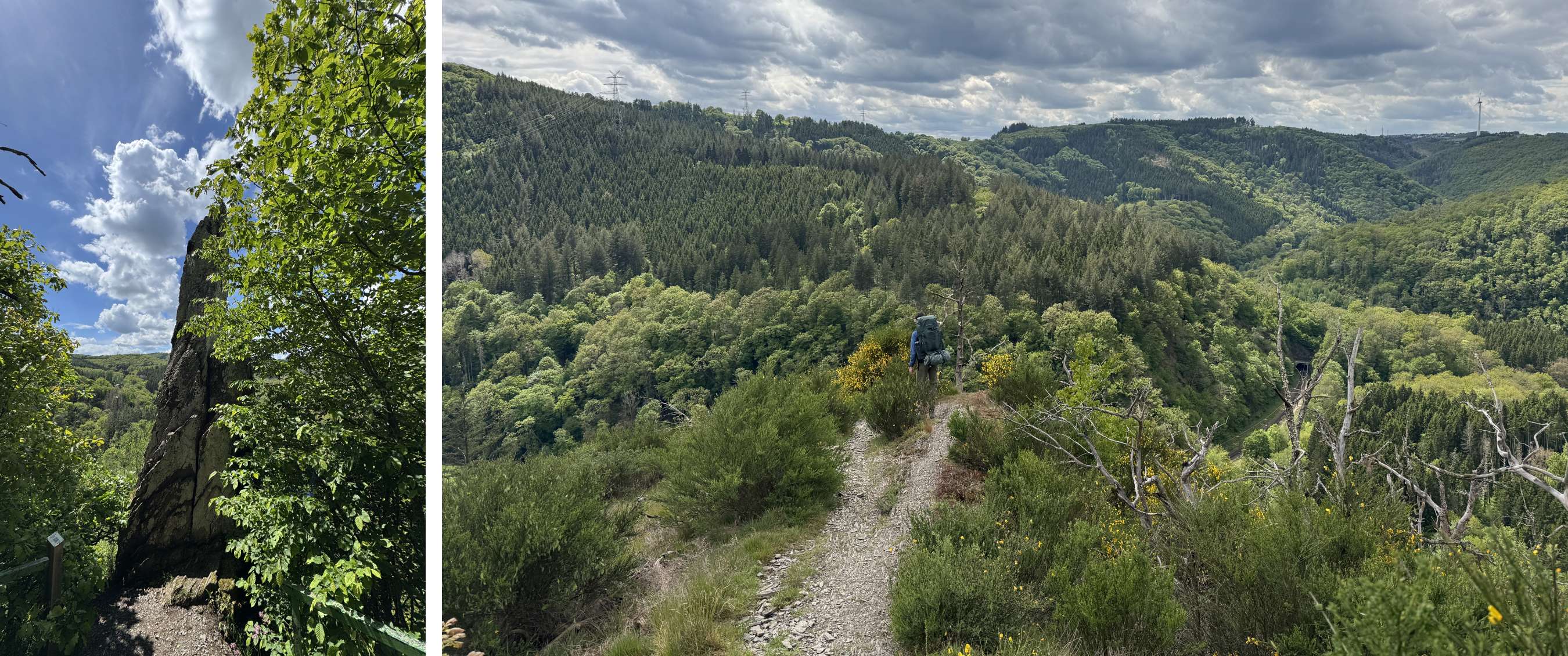 Deux images : grand rocher entre les arbres ; randonneur sur un sentier avec vue sur collines boisées