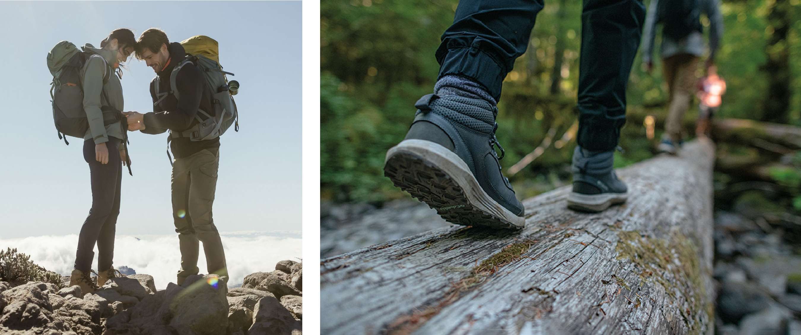 Deux images : Randonneurs debout sur des rochers au-dessus des nuages ; gros plan sur chaussures sur tronc en forêt.