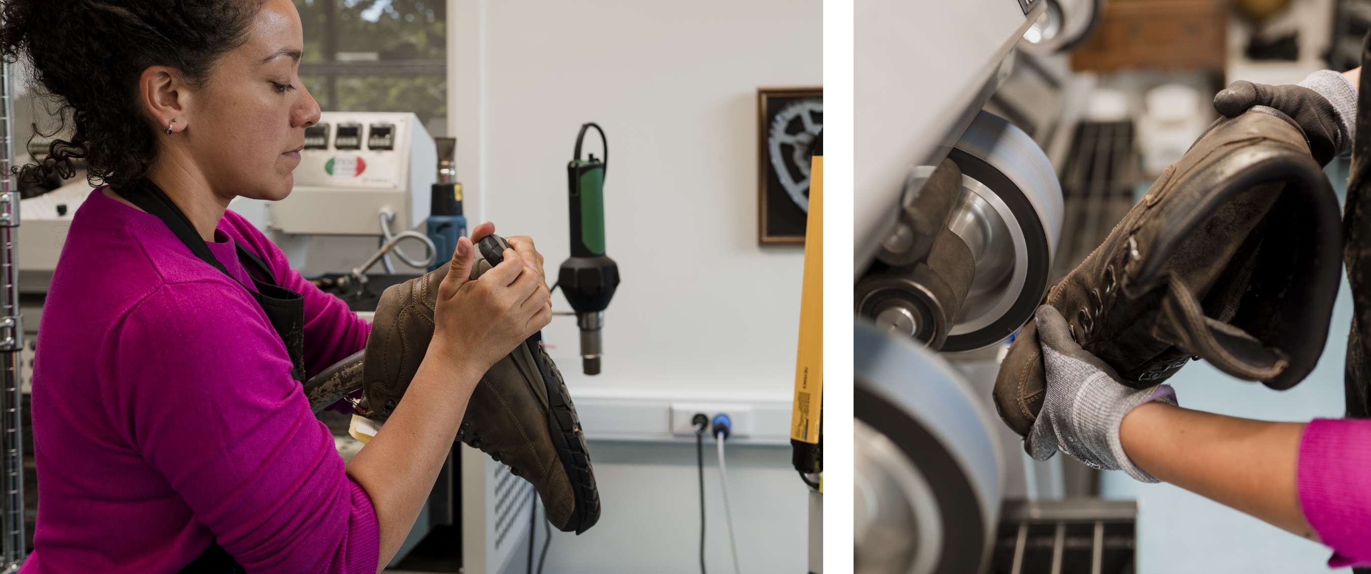 Deux images : Contrôle d’une chaussure en atelier ; détail d’une finition mécanique.