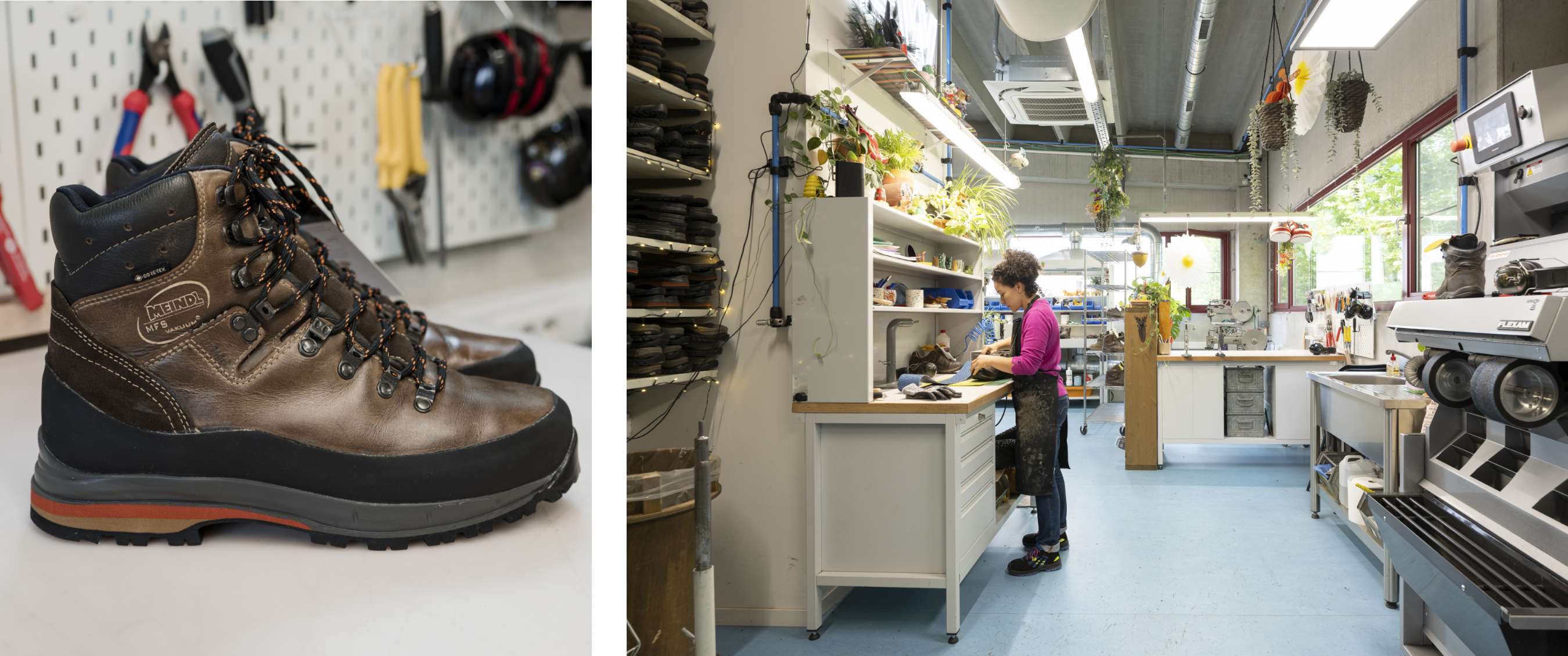 Deux images : Chaussures de randonnée Meindl sur établi ; employée travaillant dans un atelier de réparation.
