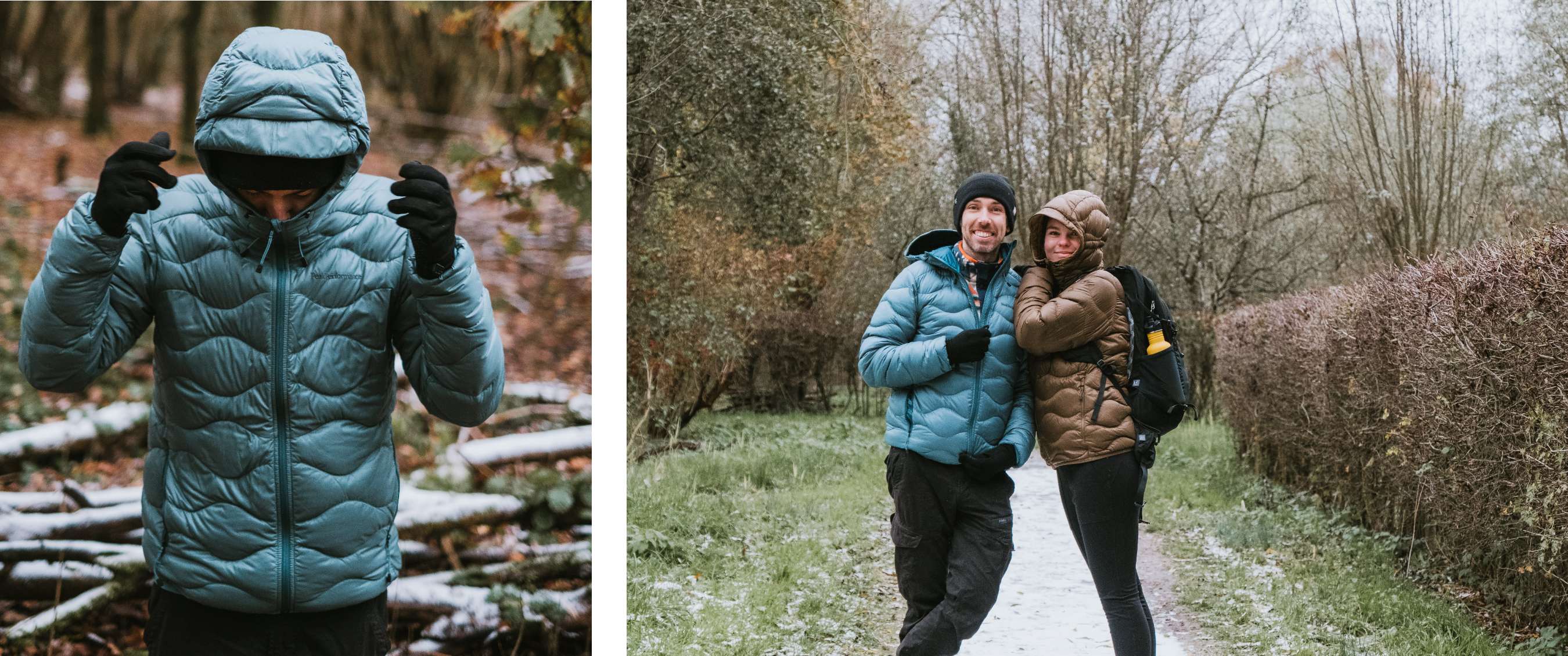 Deux images : personne porte une doudoune bleue à capuche en forêt ; deux personnes en doudoune sur un sentier forestier enneigé