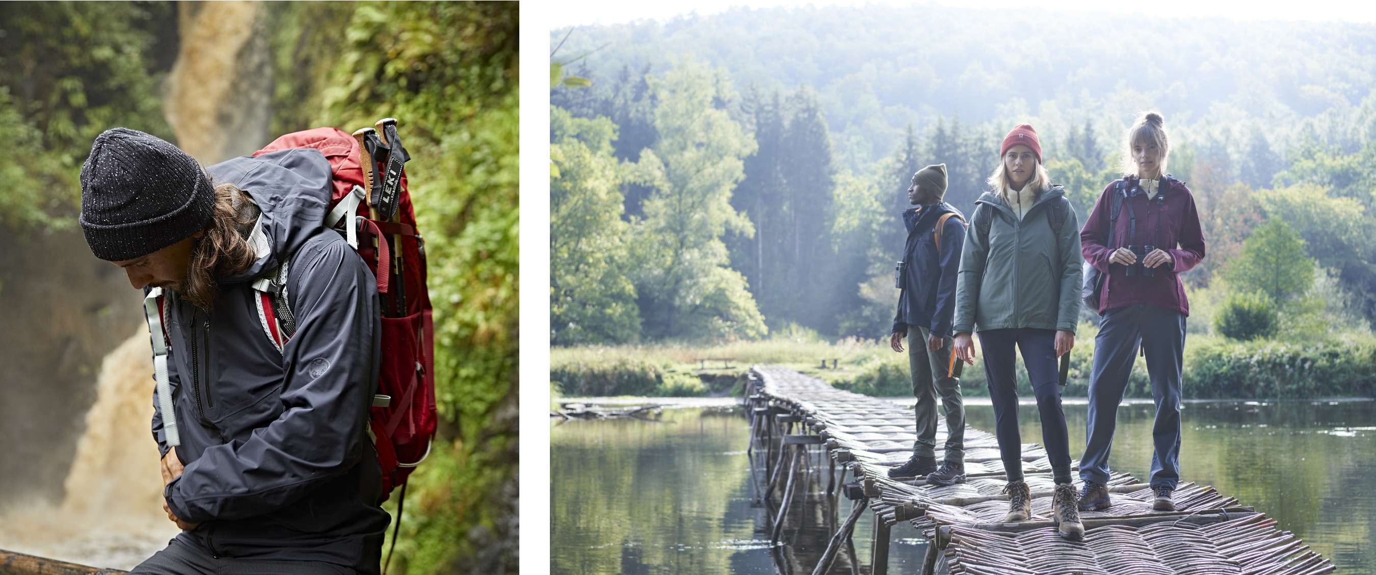 Deux images : randonneur avec sac à dos près d’une cascade dans un environnement boisé, et trois randonneurs sur un pont en bois au-dessus d’une eau calme en zone forestière.