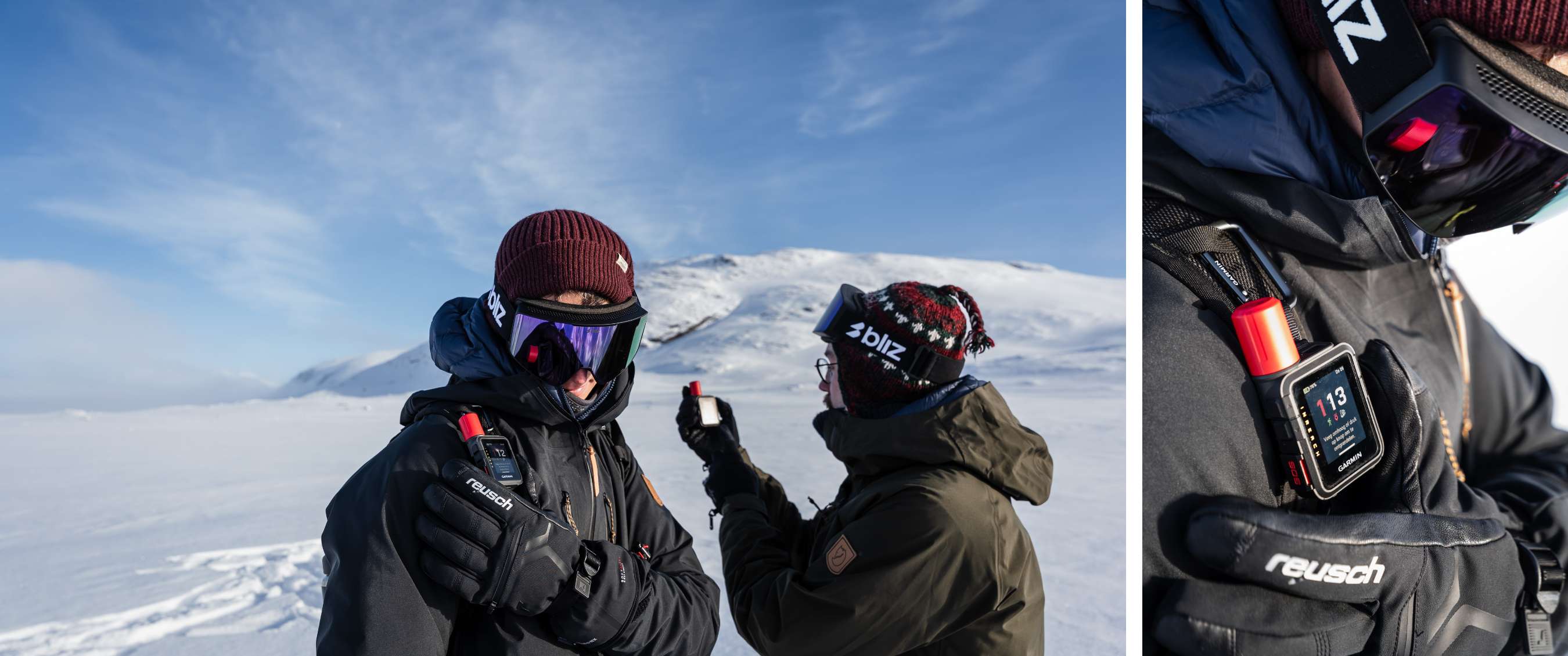Deux images : sportifs d’hiver montrant leur équipement outdoor ; gros plan sur Garmin et Reusch.
