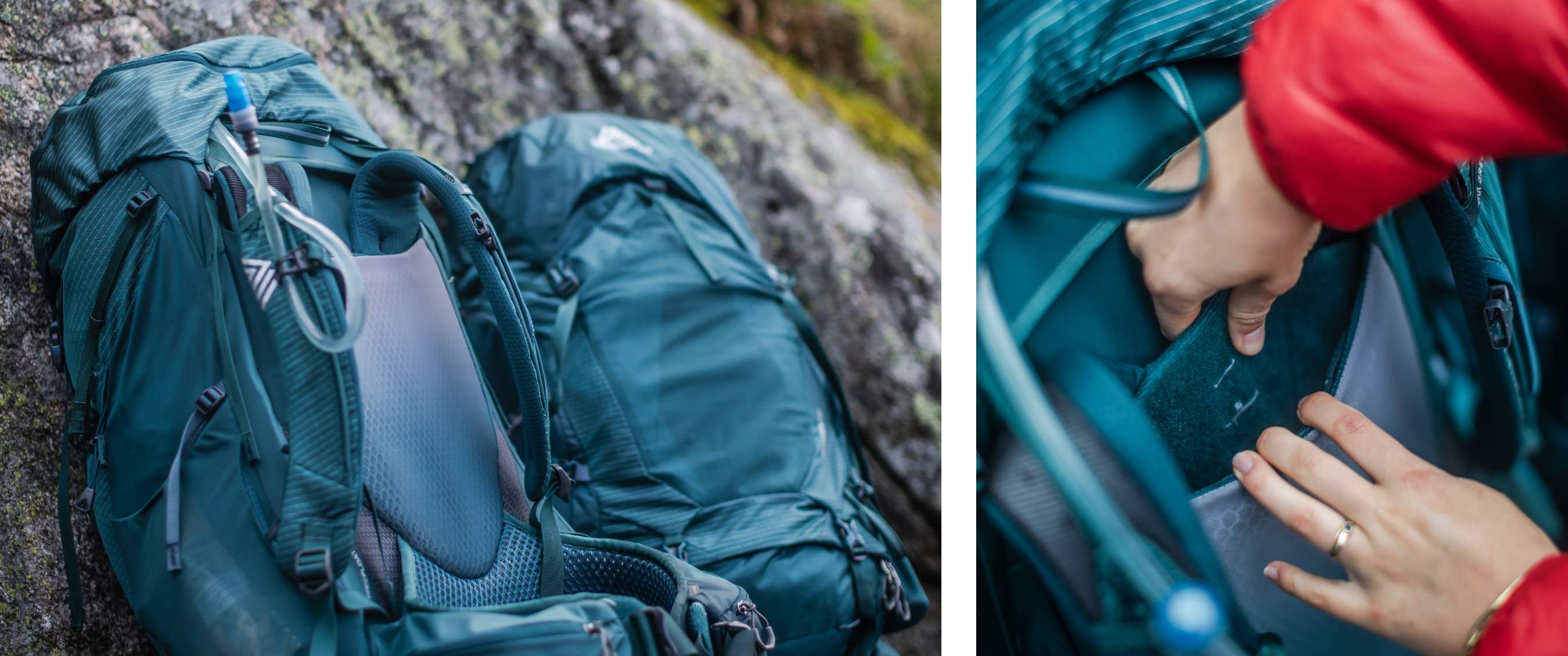 Deux images : sacs à dos de randonnée contre un rocher ; mains ajustant la ceinture rembourrée.