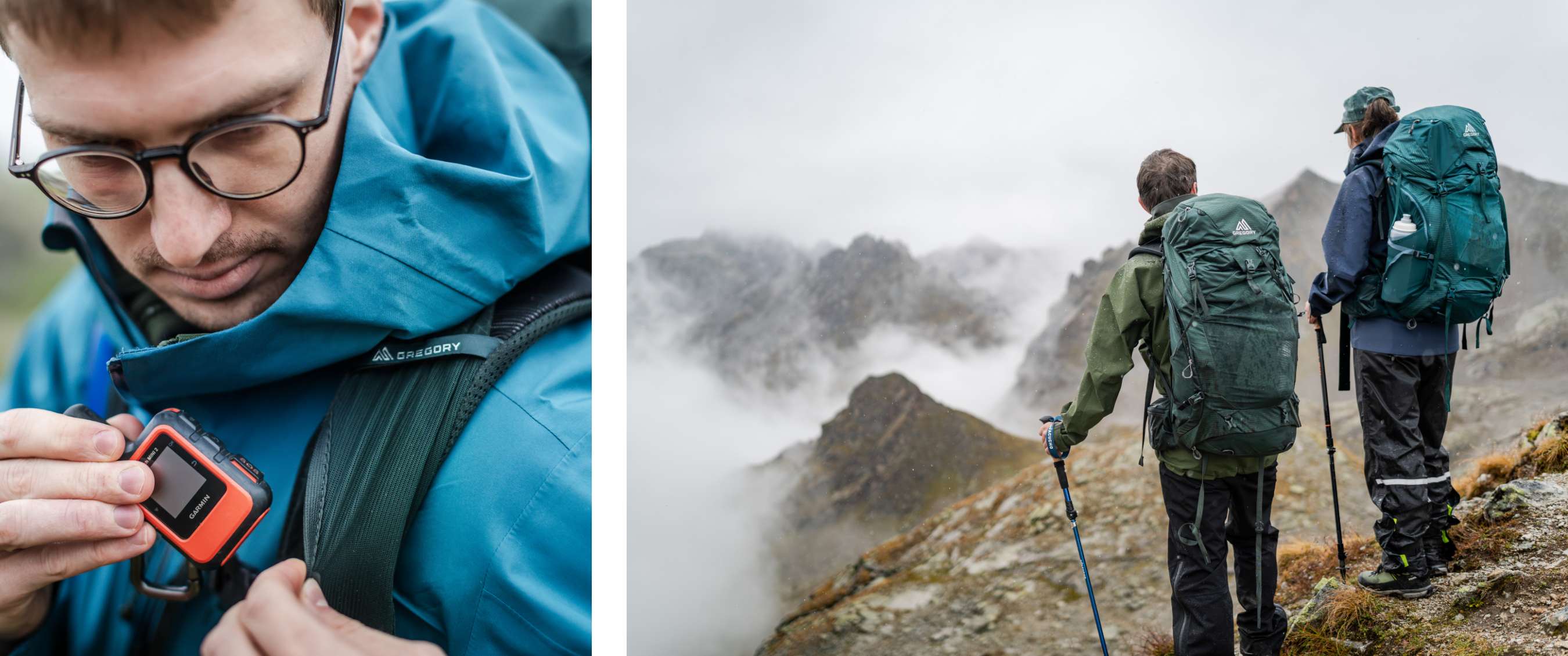 Deux images : gros plan d’un GPS dans la main ; deux randonneurs avec sacs à dos en altitude.