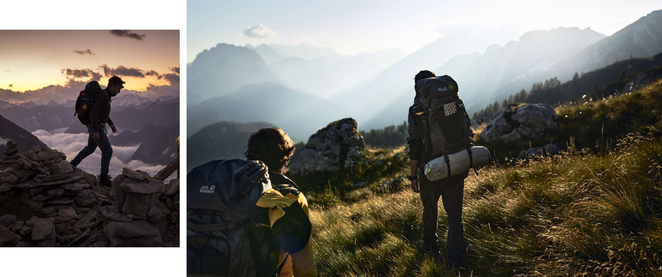Deux images : randonneur sur rochers au lever du soleil et backpacker en montagne.