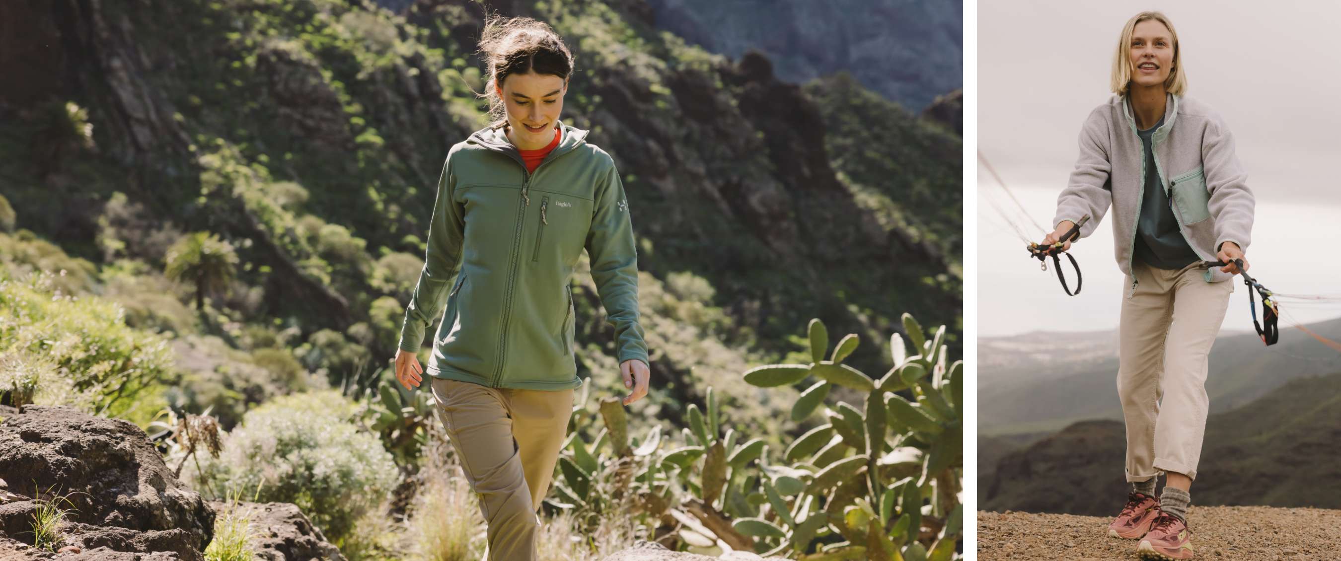 Deux images : randonneuse en veste verte et pantalon beige dans un paysage de montagne ; femme en tenue outdoor gravissant un sentier rocheux