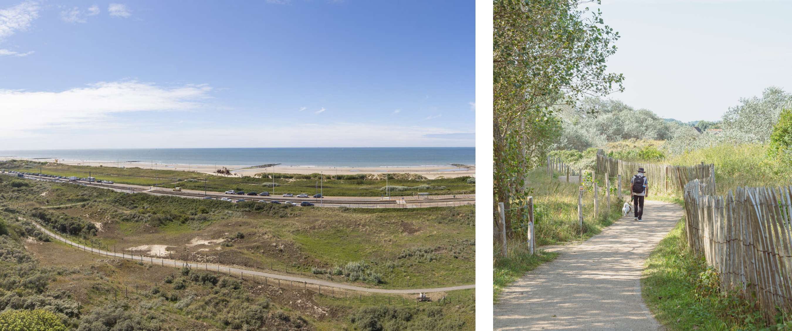Deux images : vue sur la plage et la mer avec route près des dunes ; promeneur avec chien sur un sentier sableux.