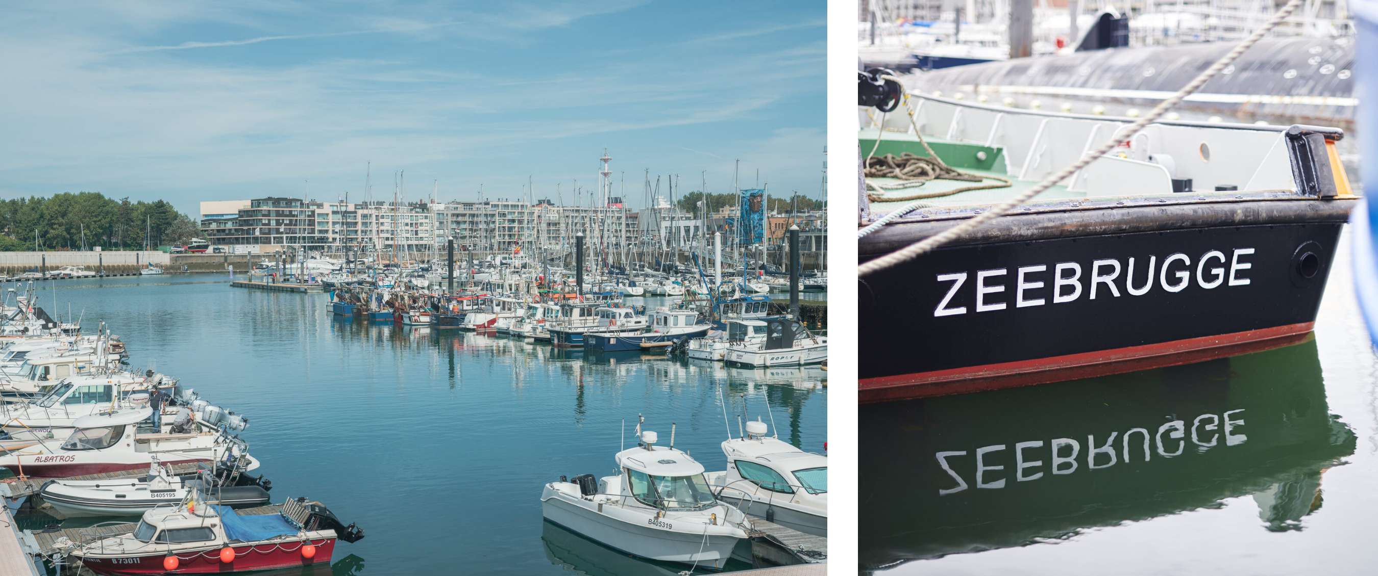Deux images : port de plaisance avec bateaux et appartements ; bateau avec texte “ZEEBRUGGE”.