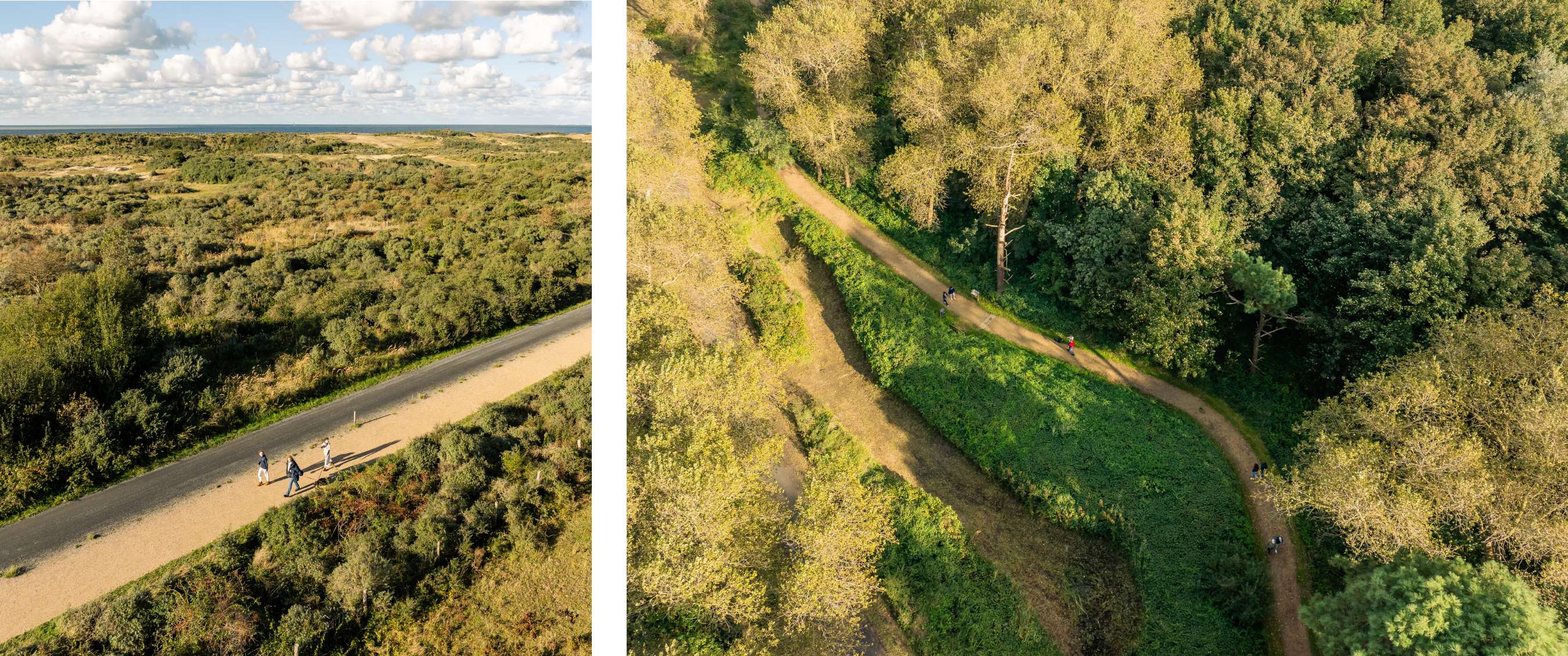 Deux images : personnes marchant le long de la végétation des dunes ; sentier sinueux dans la forêt vu d’en haut.