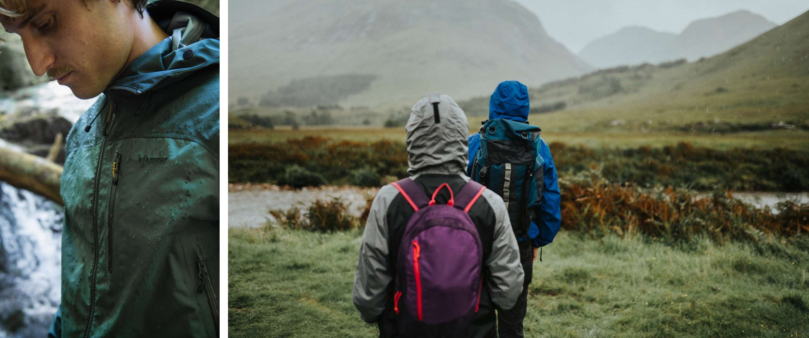 Deux personnes marchent sous la pluie dans un paysage ouvert avec des montagnes à l’arrière-plan.