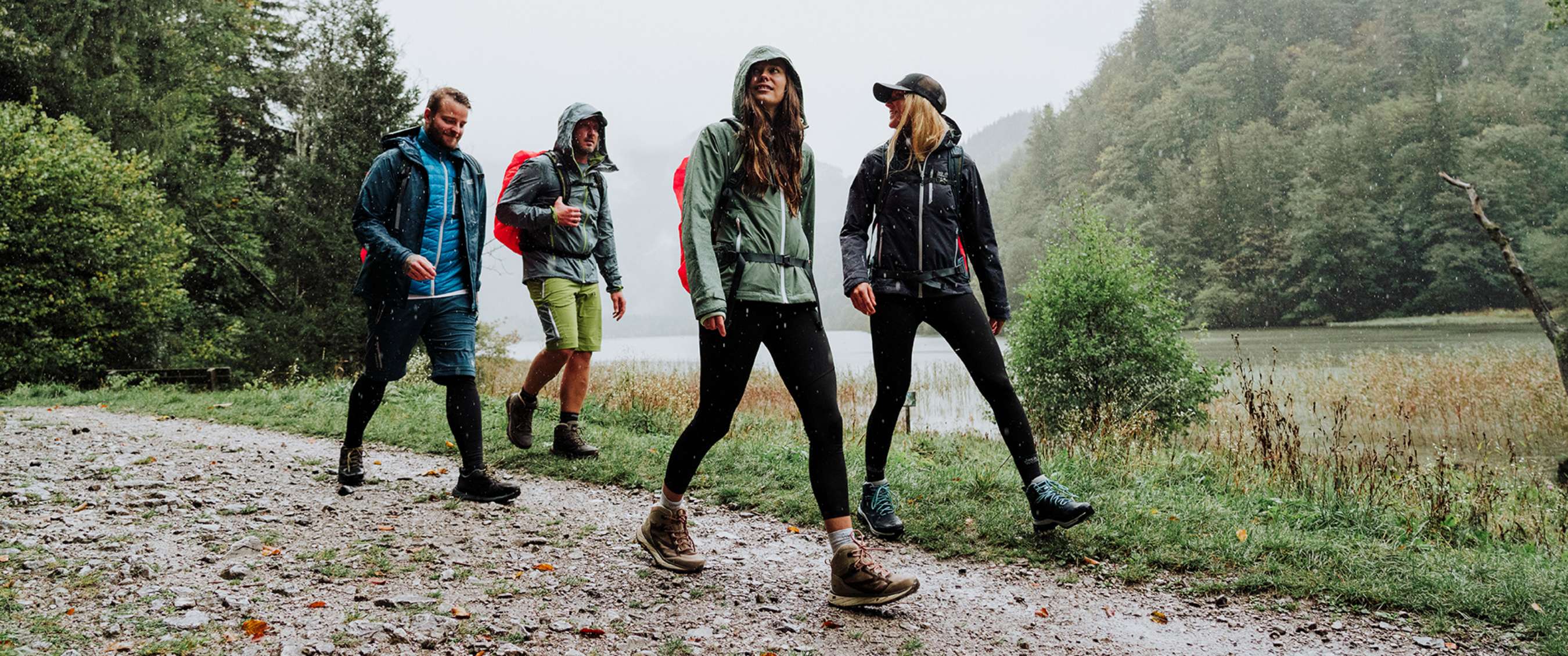 Groupe de randonneurs avec sacs à dos et vestes de pluie dans un paysage verdoyant sous la pluie.