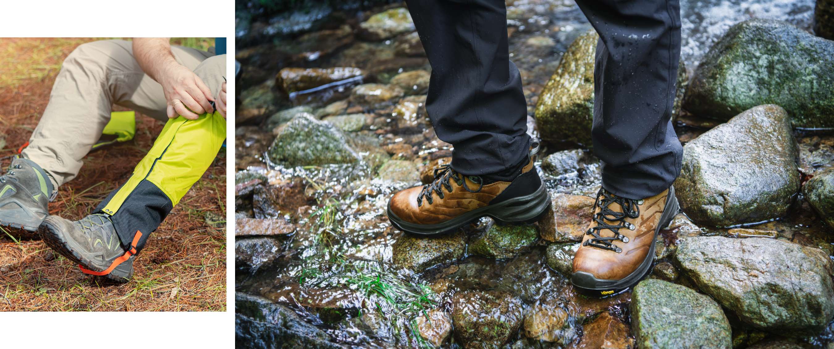 Gros plan sur des chaussures de randonnée et un pantalon foncé sur des pierres dans l’eau courante.