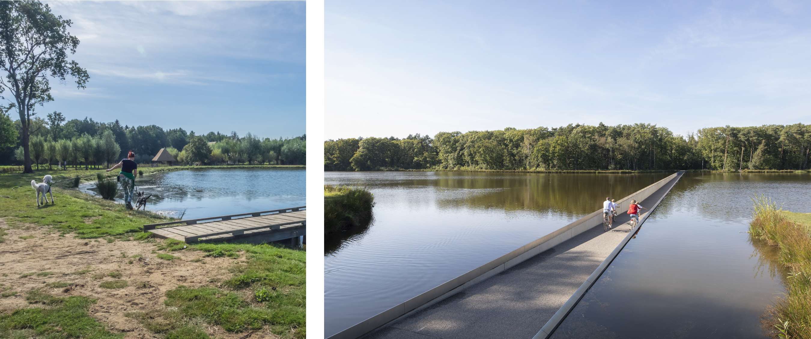 Deux images : promeneur avec chiens au bord de l’eau ; deux cyclistes sur un long pont au-dessus d’un lac.