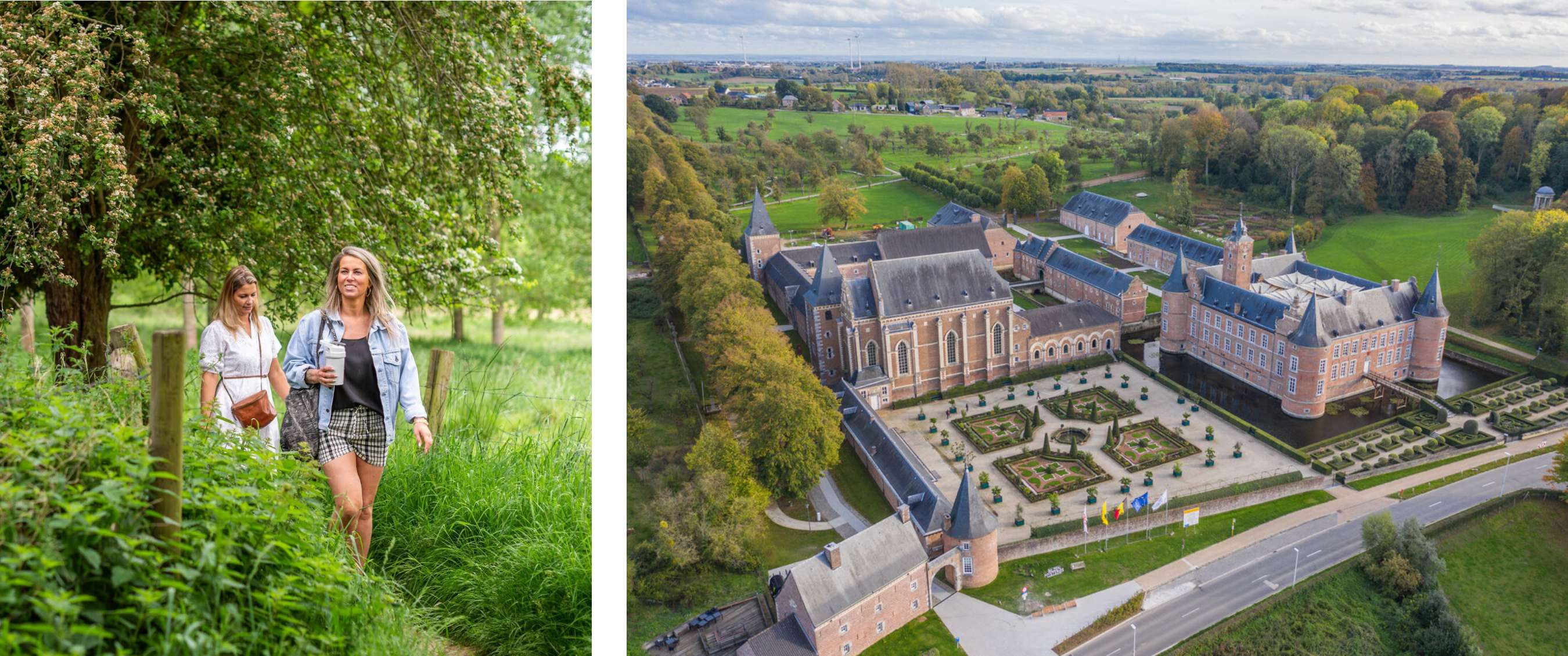 Deux images : deux promeneurs sur un sentier vert ; vue aérienne d’un grand complexe avec cour.