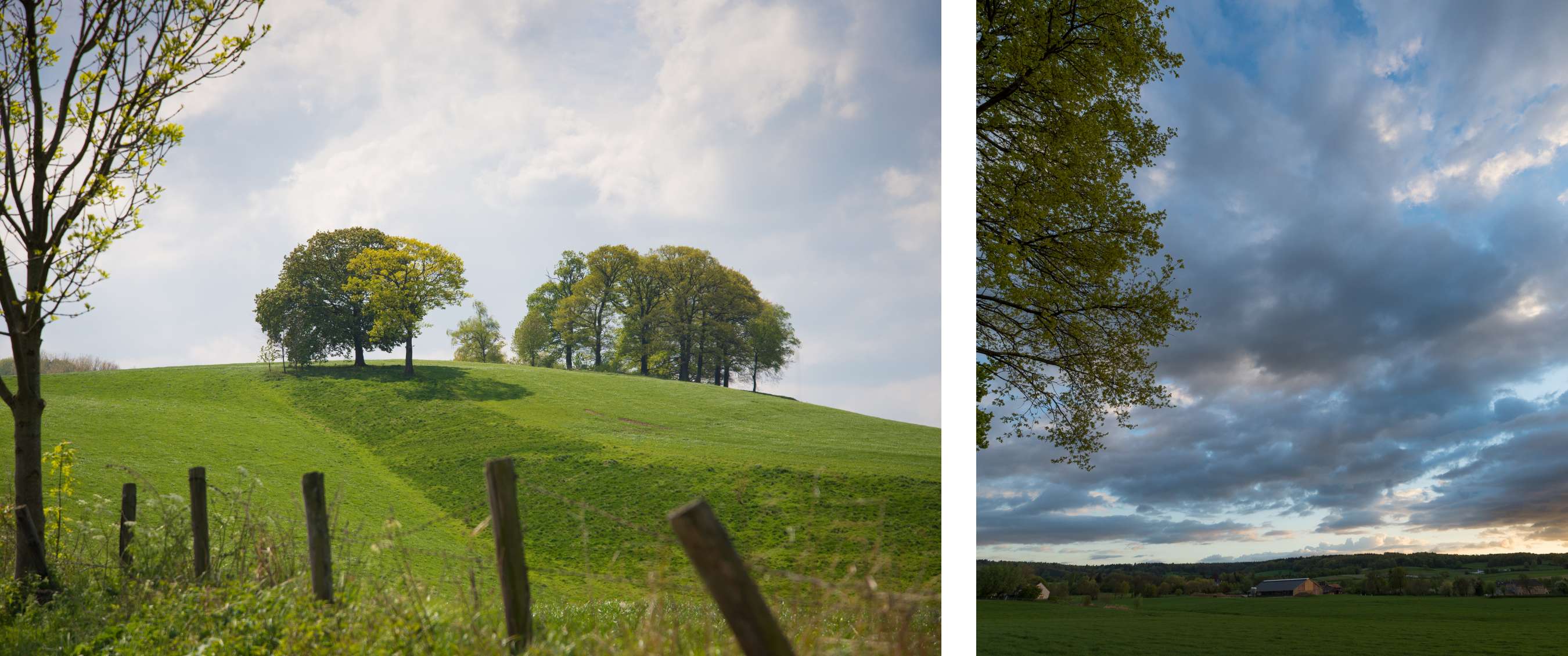 Deux images : prairie en pente avec arbres ; vue panoramique sur champs et ciel nuageux.