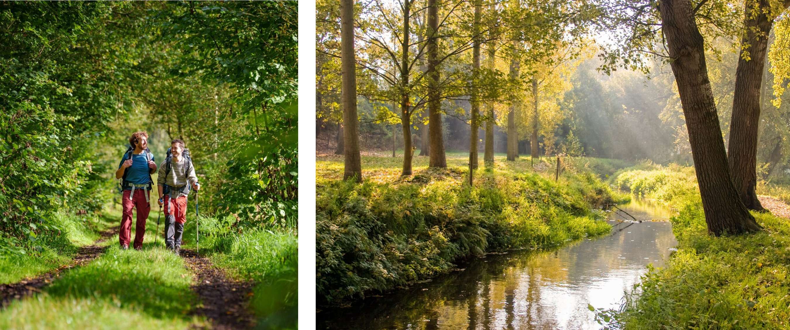 Deux images : deux personnes marchent dans le bois ; cours d’eau paisible avec arbres et lumière.